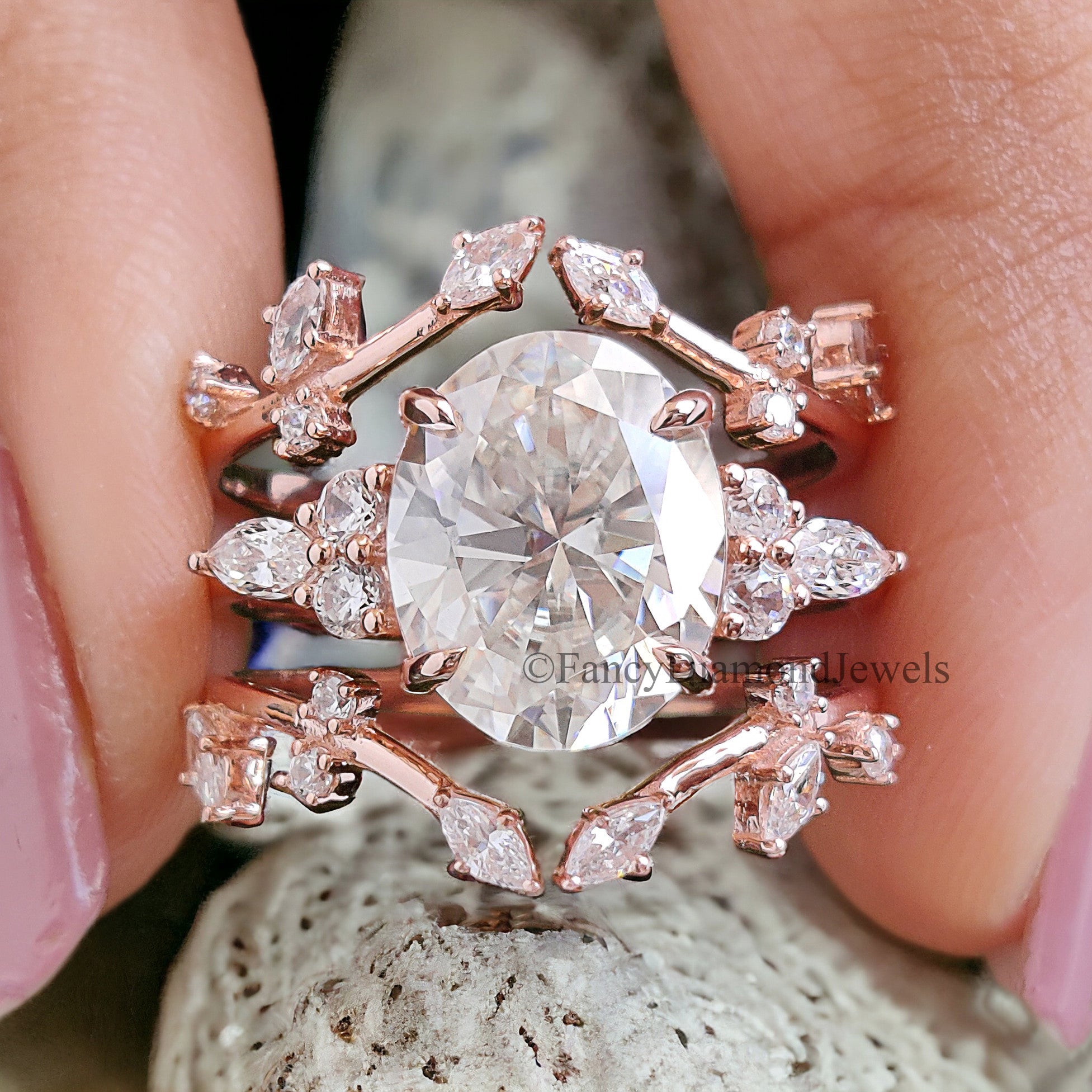 2.40 CT Oval Moissanite Engagement ring set Marquise Moissanite ring Promise Ring Rose Gold Ring Vintage Enhancer Wedding Band FD253