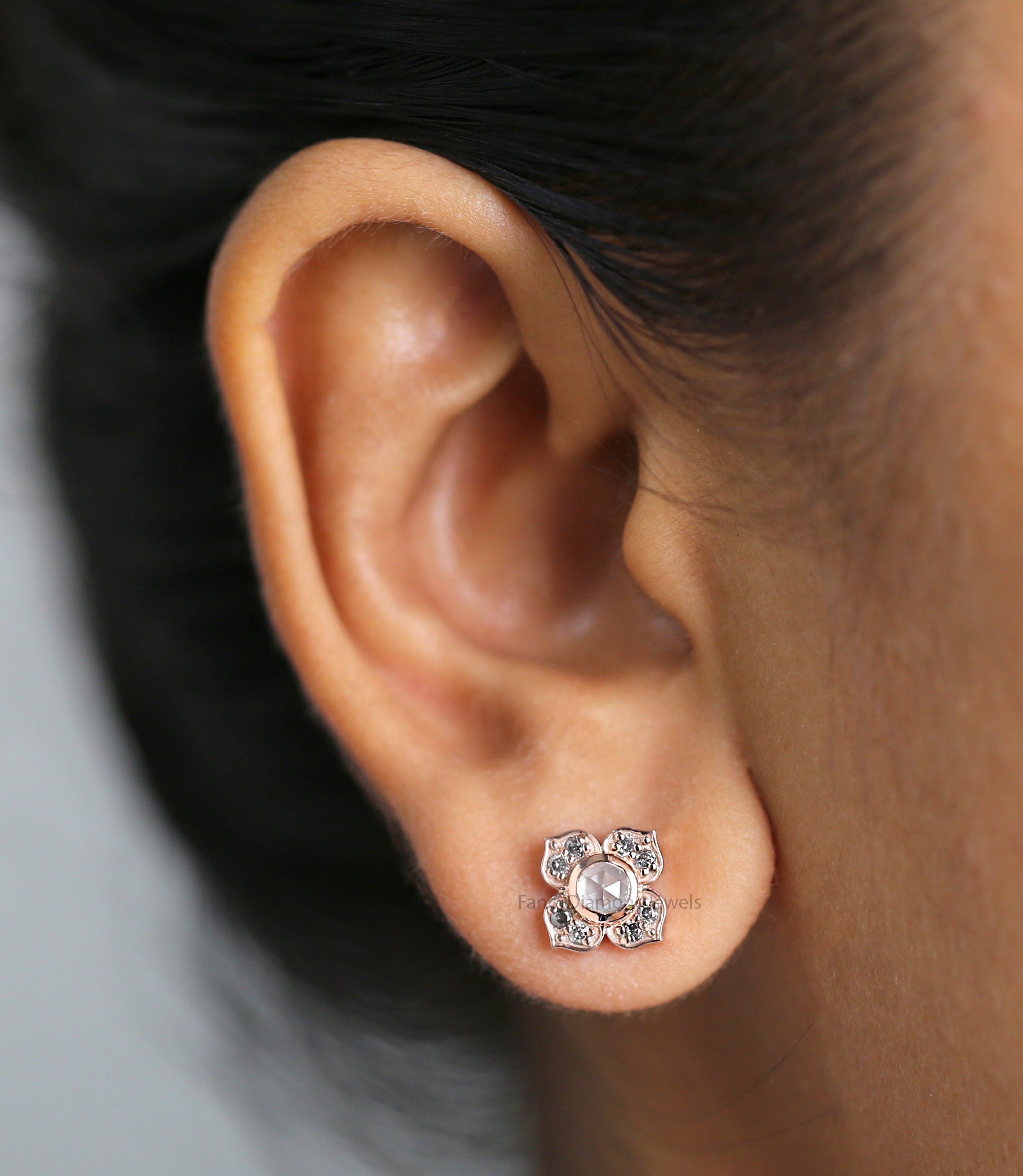 Round Rose Cut Grey Color Diamond Earring, Round Rose Cut Shape Earring, Engagement Earring, Earlobe Earrings, Earrings Jewelry, KDK2657