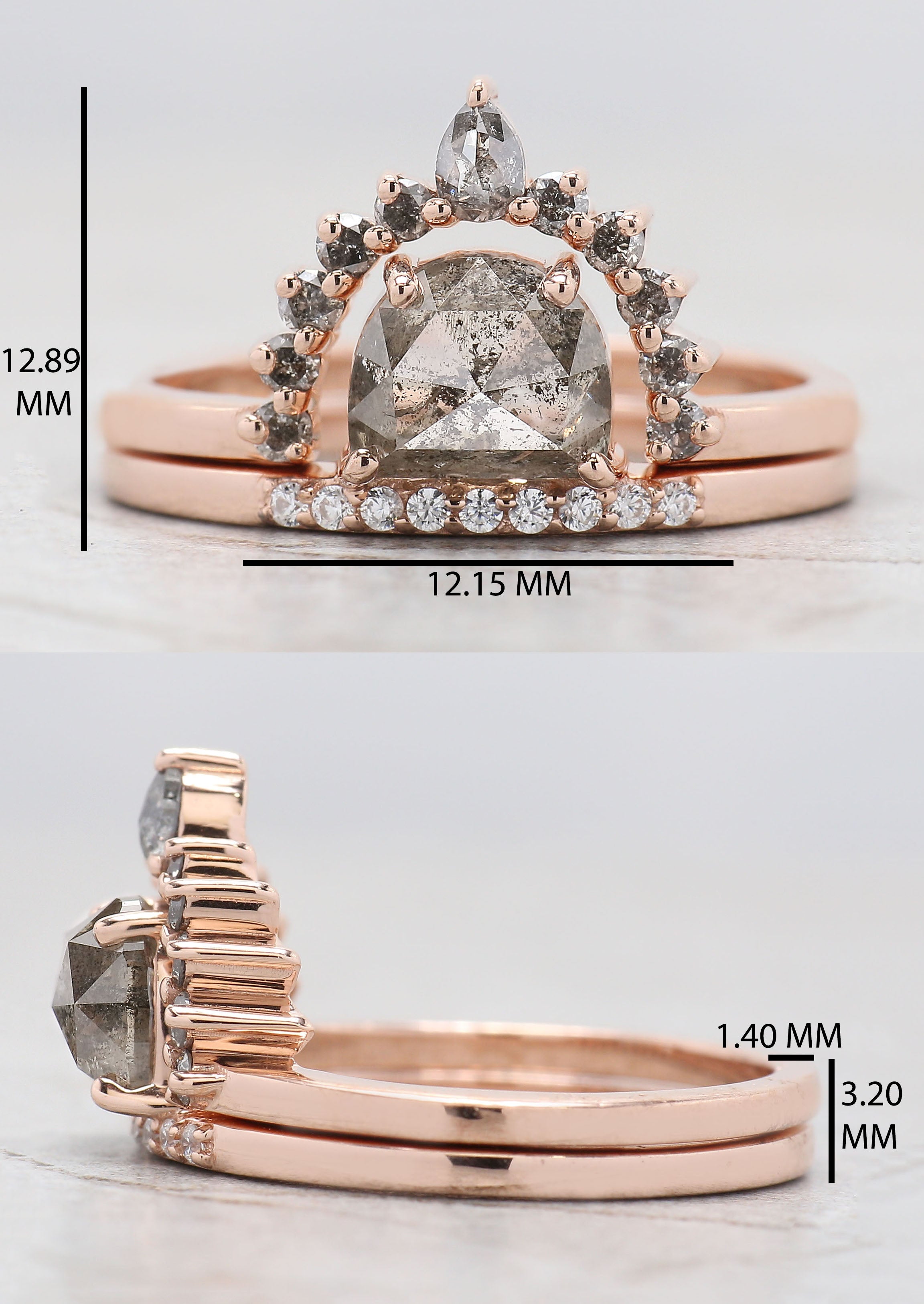 Half Moon Salt And Pepper Diamond Ring 1.60 Ct 7.19 MM Half Moon Diamond Ring 14K Solid Rose Gold Silver Engagement Ring Gift For Her QL9196