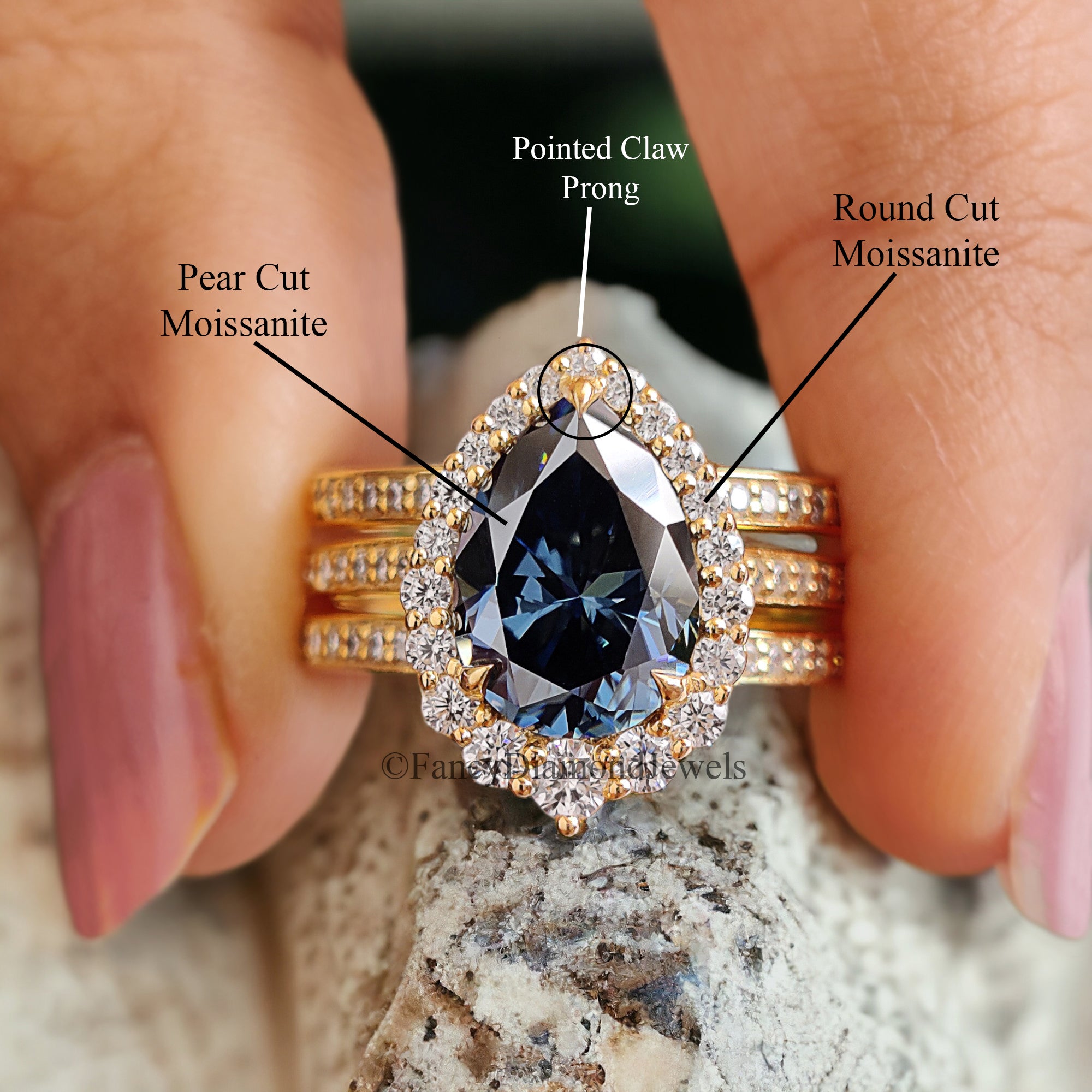 Pear Royal Blue Moissanite Ring Halo Engagement Ring 2.15 CT Pear Shaped Three Piece Proposal Ring Set For Her Anniversary Gift Ring FD232