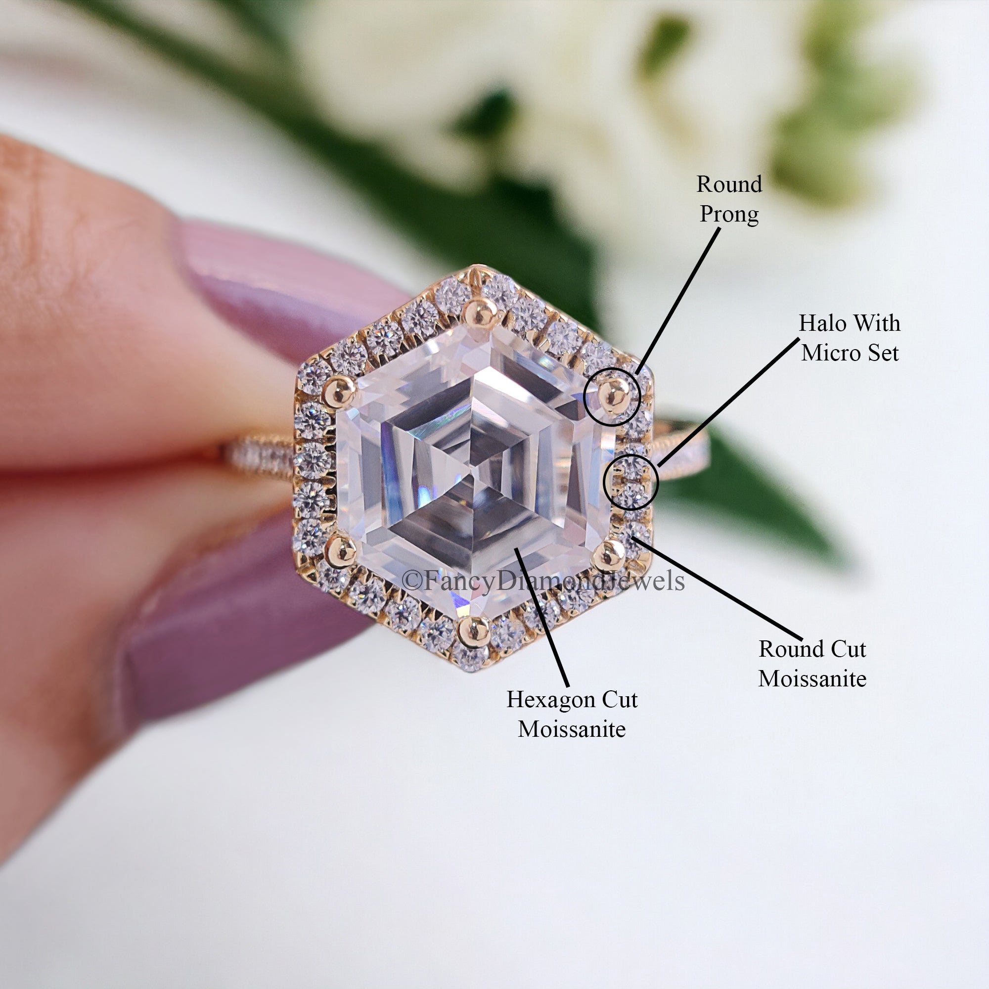 3.10 CT Hexagon And Round Cut Colorless Moissanite Halo Engagement Ring Prong Set Wedding Ring Cathedral Ring Anniversary Gift Ring FD101