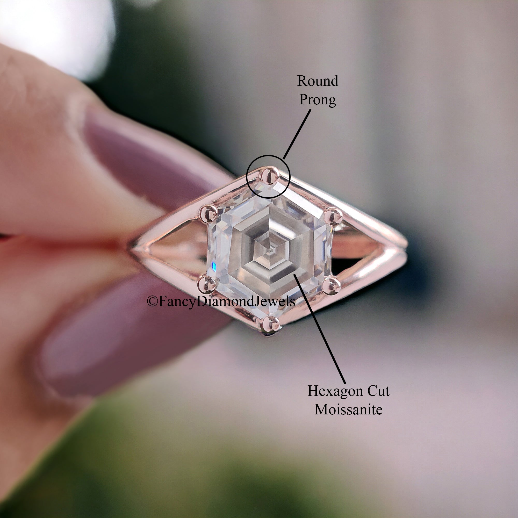 1.65 CT Hexagon Step Cut Colorless Moissanite Engagement Ring Six Round Prongs Solid Gold Wedding Ring Vintage Style Solitaire Ring FD91