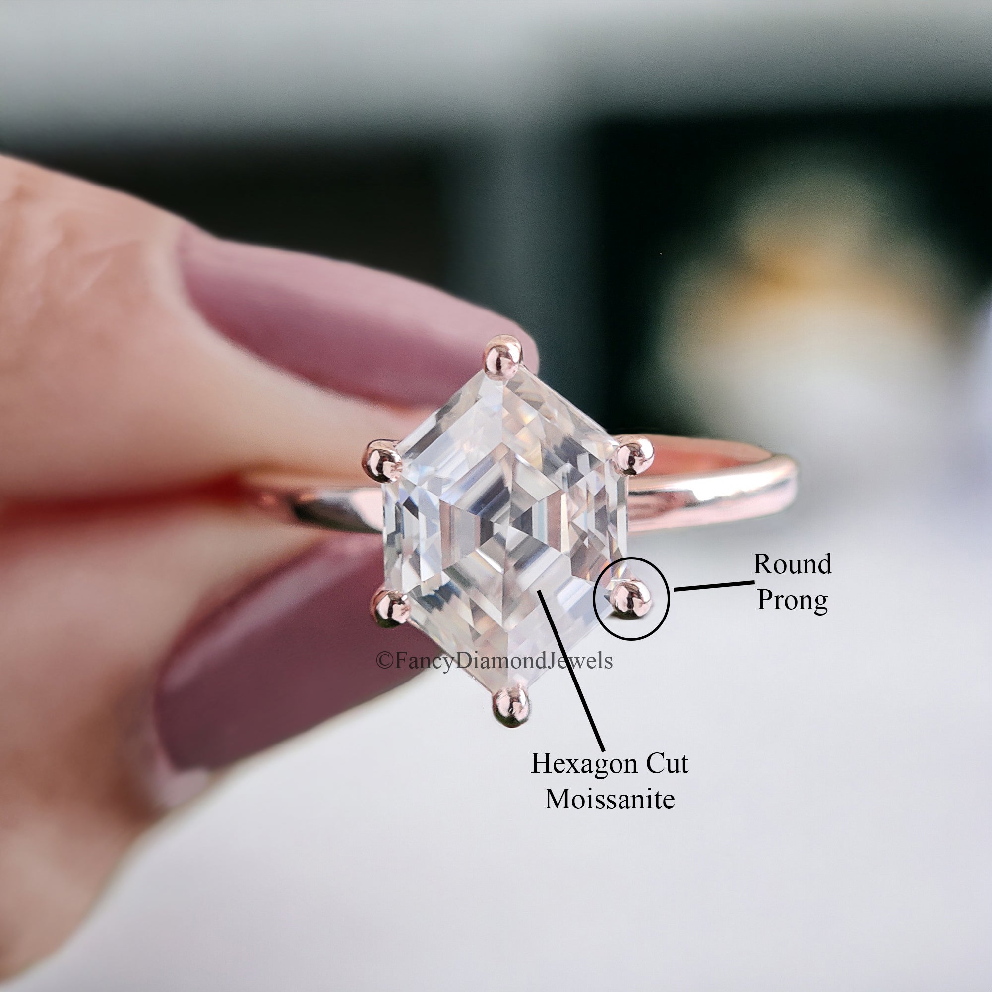 Moissanite Solitaire Engagement Ring 2.20 CT Hexagon Cut Moissanite Ring Round Prong Ring For Women Promise Ring Gift For Her Ring FD88