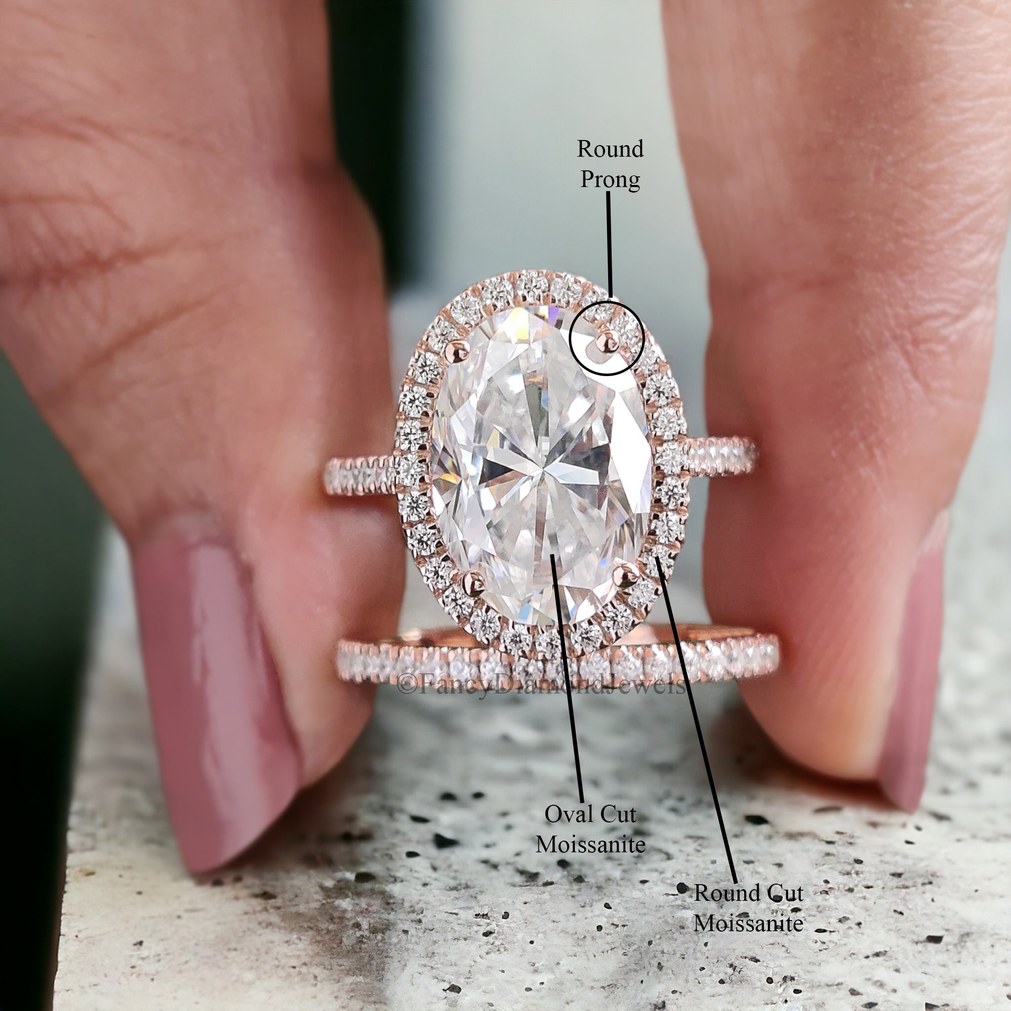 Oval Moissanite Engagement Ring Rose Gold Moissanite And Diamond Halo Ring Diamond Half Eternity Band Moissanite Bridal Ring Set FD134