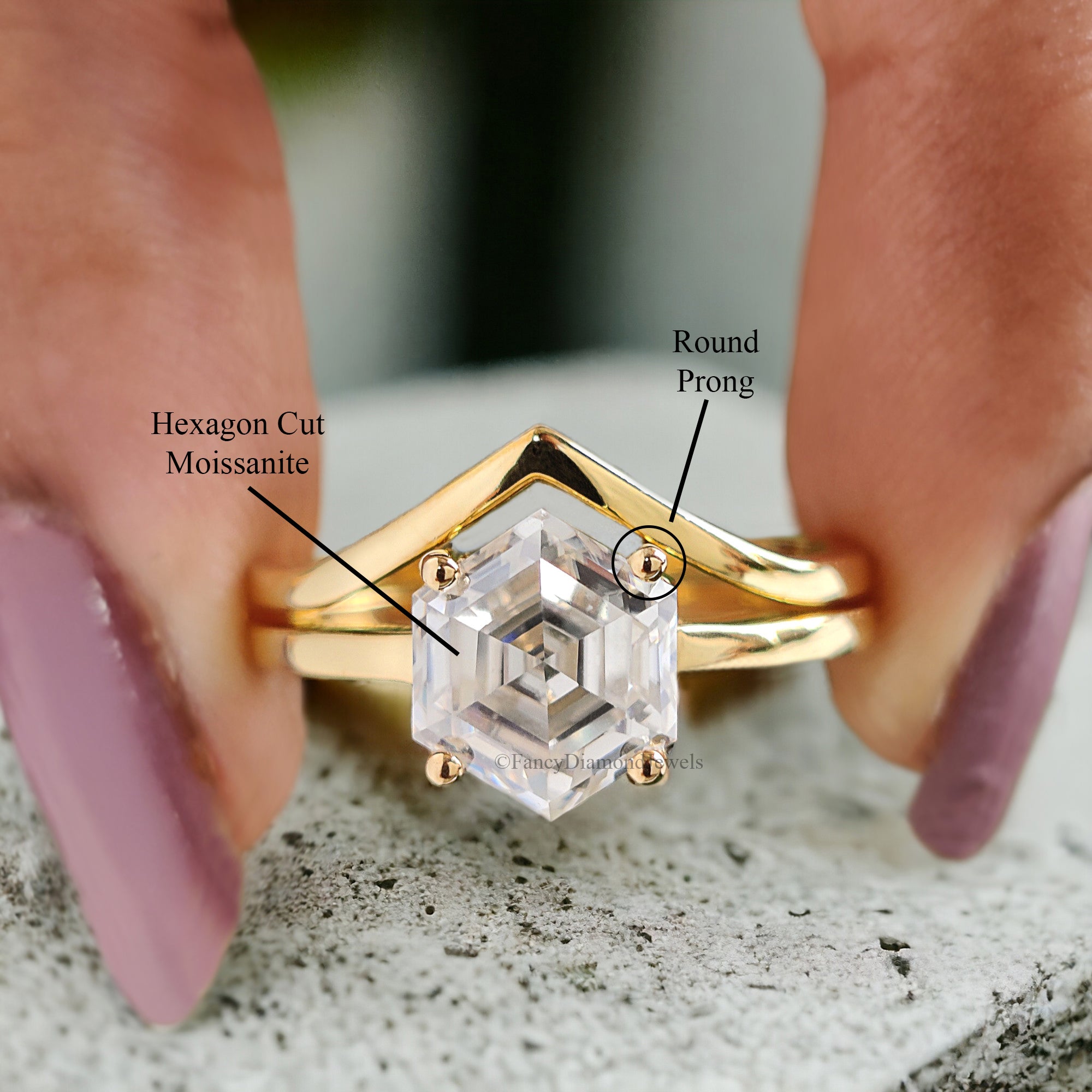 Hexagon Moissanite Bridal Ring Colorless Moissanite Wedding Ring Solid Gold Anniversary Band Solitaire Moissanite Engagement Ring Set FD165