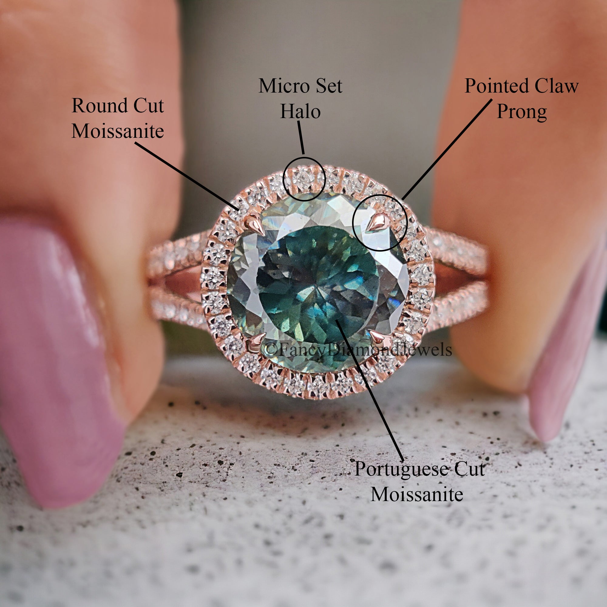 Cyan Blue Round Portuguese Cut Moissanite Ring - Rose Gold Halo Engagement Ring With Split Shank And Round Brilliant Cut Side Stones FD209