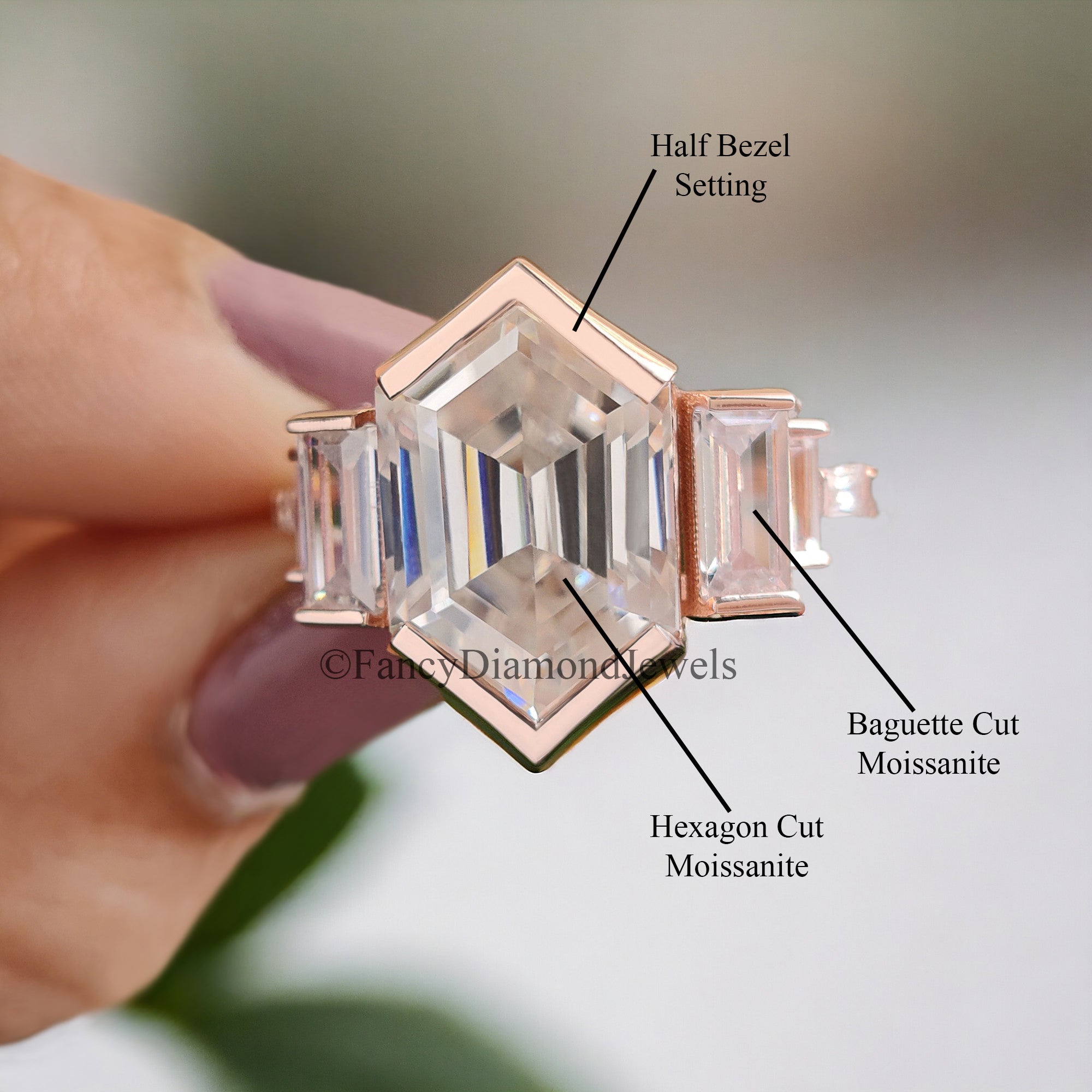 Hexagon Moissanite Engagement Ring Unique Rose Gold Engagement Ring Baguette Ring Bezel Set Art Deco Bridal Promise Anniversary Gift FD66