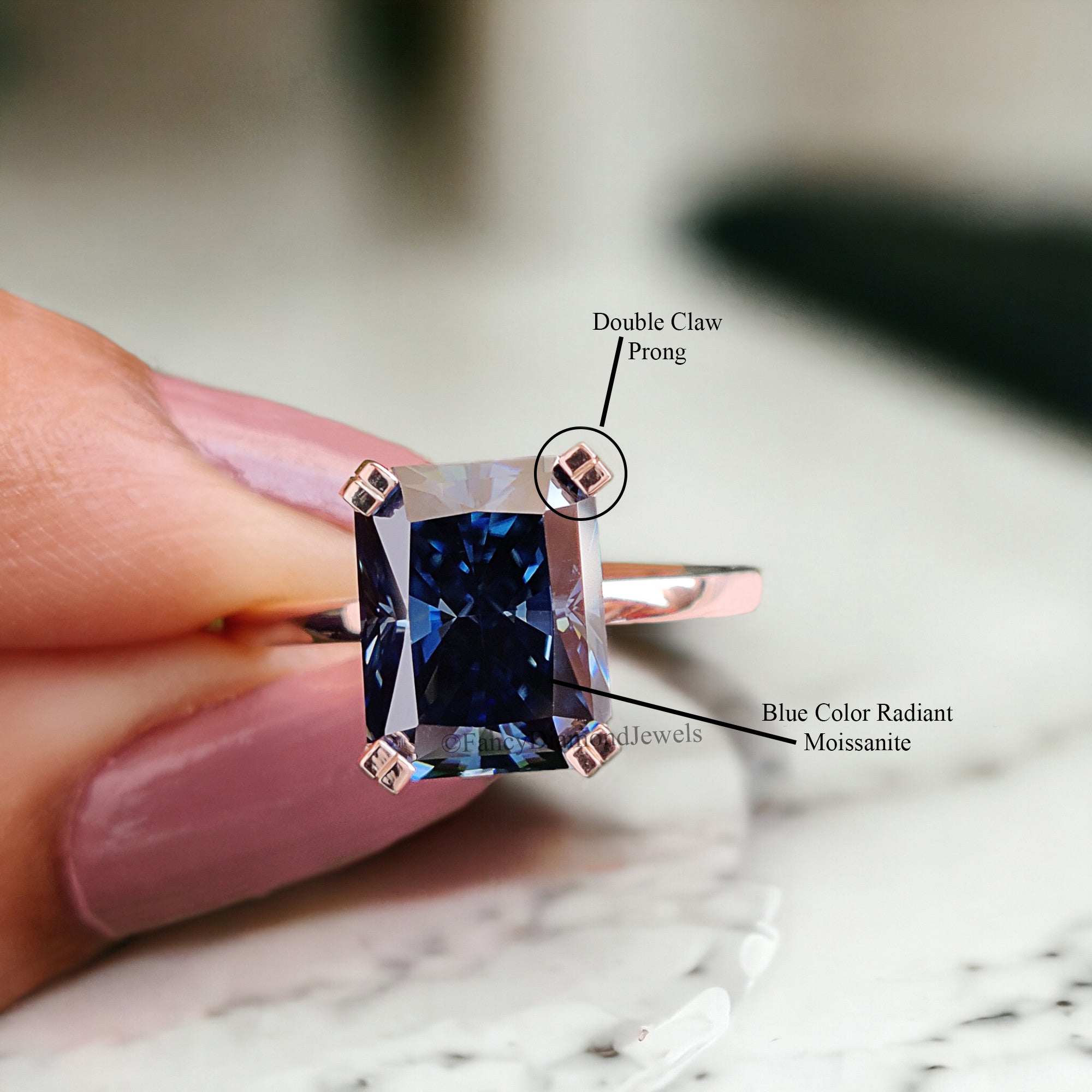 2.90 CT Royal Blue Radiant Ring Moissanite Ring Double Claw Prong Set Ring 14 KT Solid Rose Gold Ring Engagement Ring Wedding Ring FD169