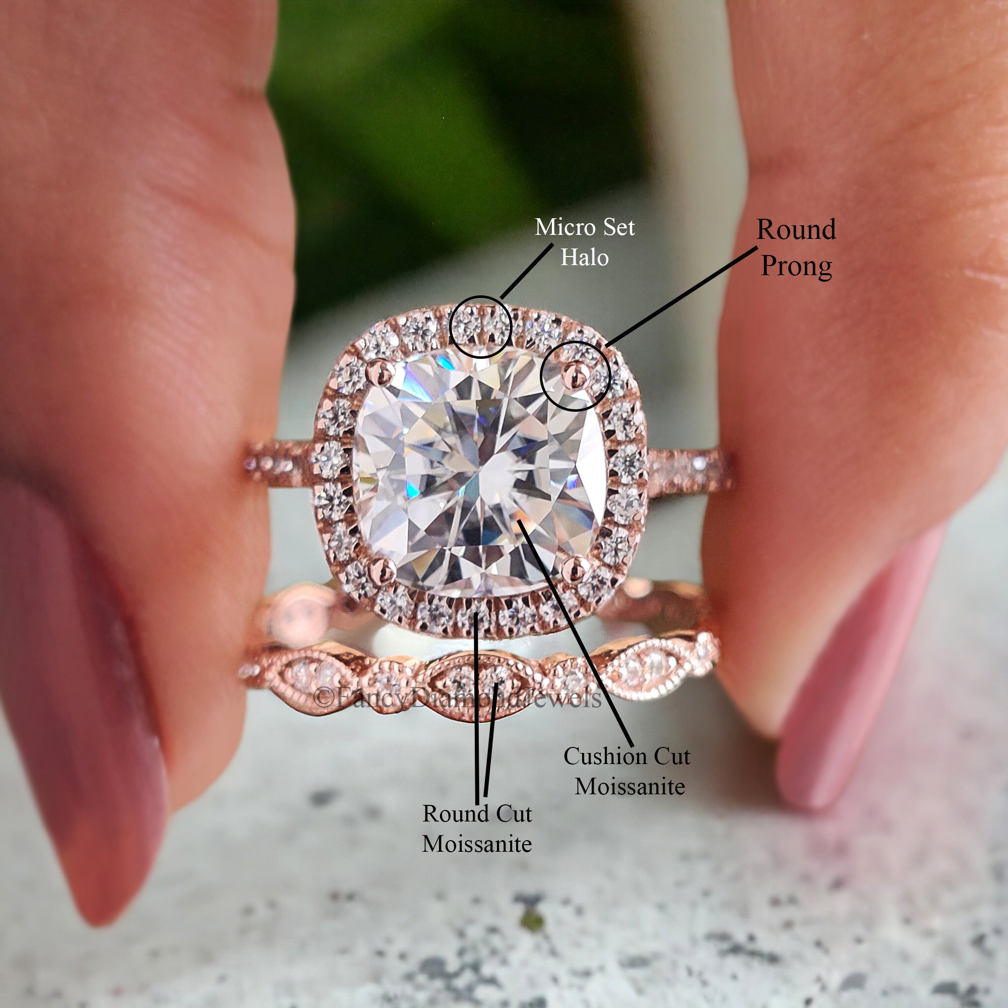 2.00 CT Moissanite Engagement Ring Cushion Moissanite 14k Rose Gold and Diamond Ring Diamond Half Eternity Milgrain Band Promise Ring FD125