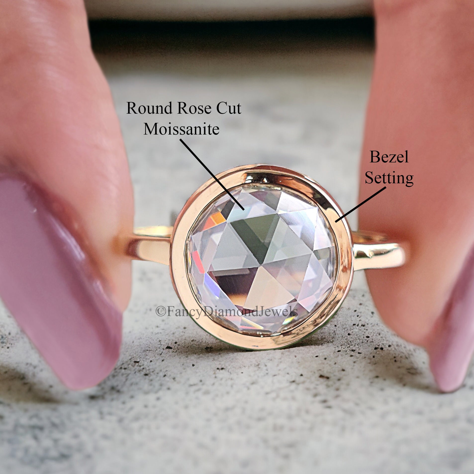Singular Bezel Set Round Rose Cut Moissanite Engagement Ring 2.65 CT Round Rose Cut Classic Simple Solitaire Moissanite Wedding Ring FD203