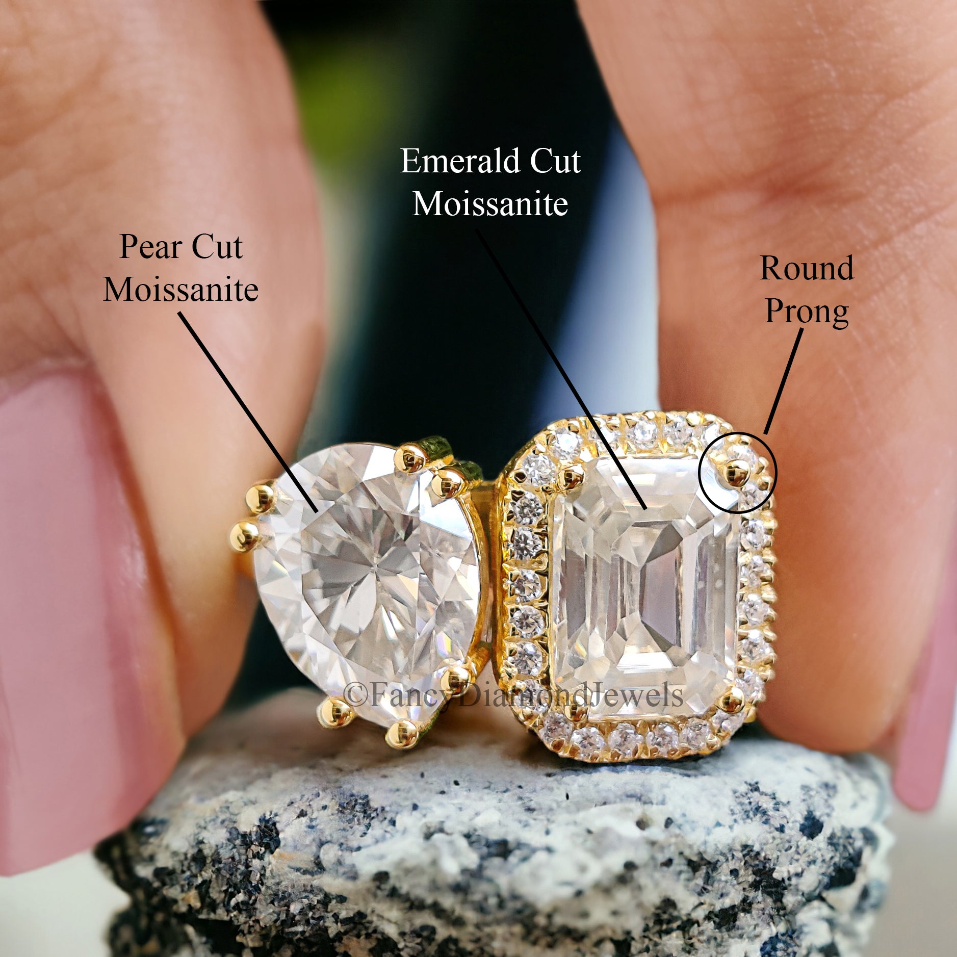 Pear And Emerald Cut Moissanite Engagement Ring 14K Solid Gold Colorless Moissanite Ring Toi Et Moi Ring Double Stone Wedding Ring FD250