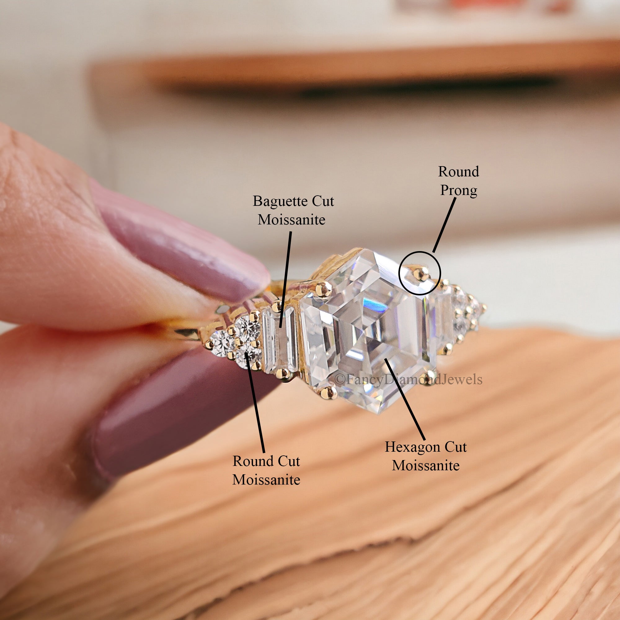 3.00 CT Antique Hexagon Moissanite Engagement Ring Baguette And Round Ring Ring For Gifting Wedding Ring Anniversary Gift Ring Her FD170