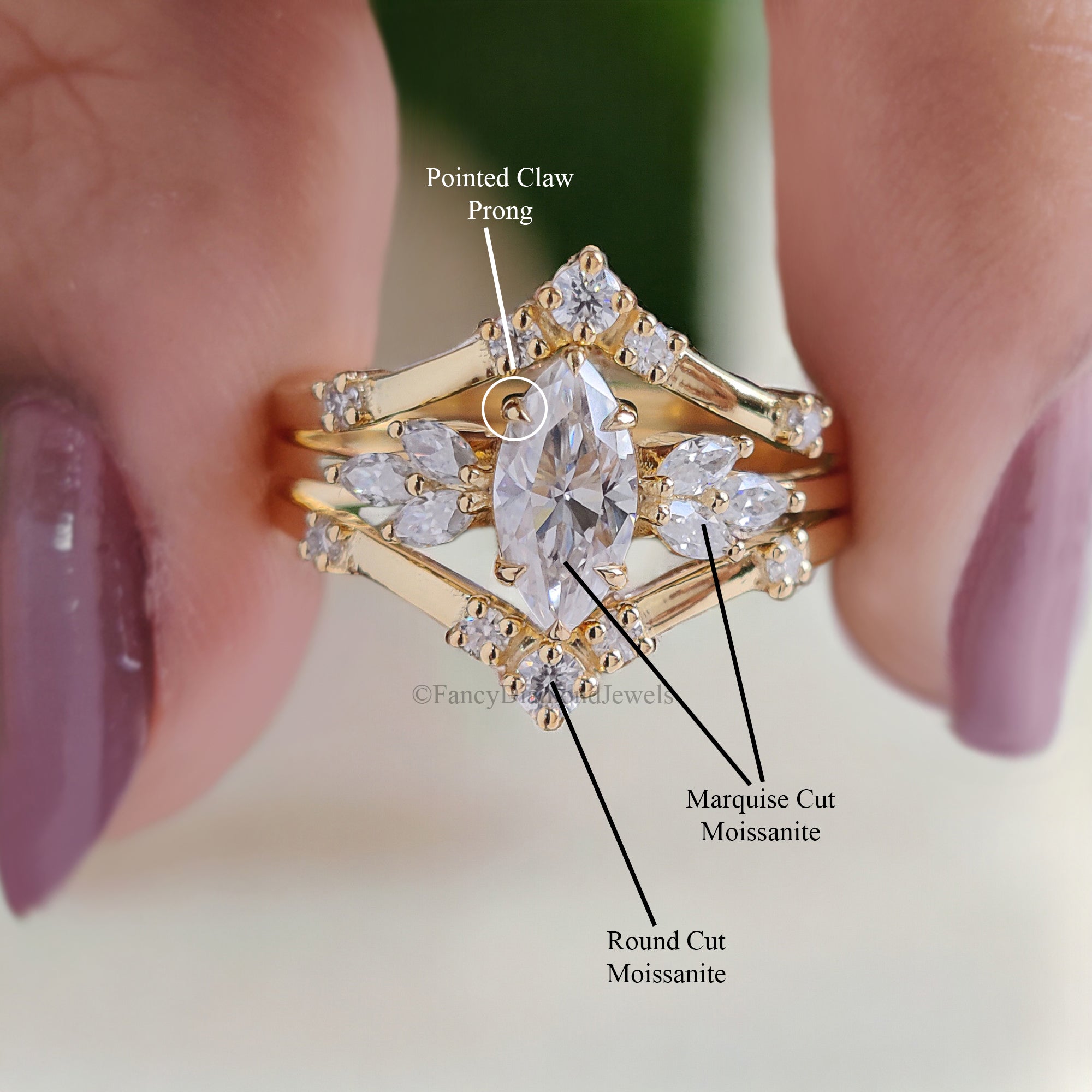 3PCS Marquise Moissanite Engagement Ring Set Unique Cluster Engagement Ring Yellow Gold Vintage Swist Ring Bridal Anniversary Ring FD122