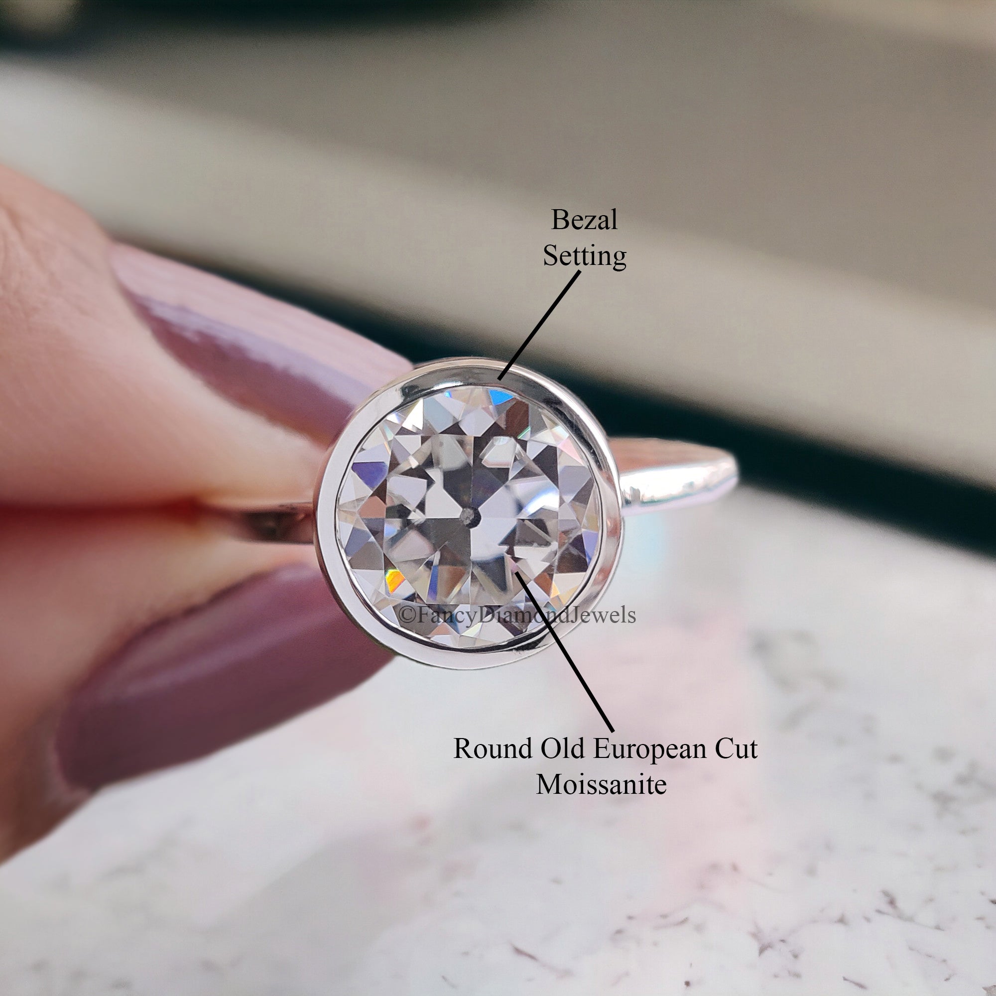Old European Cut Engagement Ring White Gold Ring Round Moissanite Ring 2 CT Moissanite Bezel Setting Ring Promise Rings Gift For Her FD108
