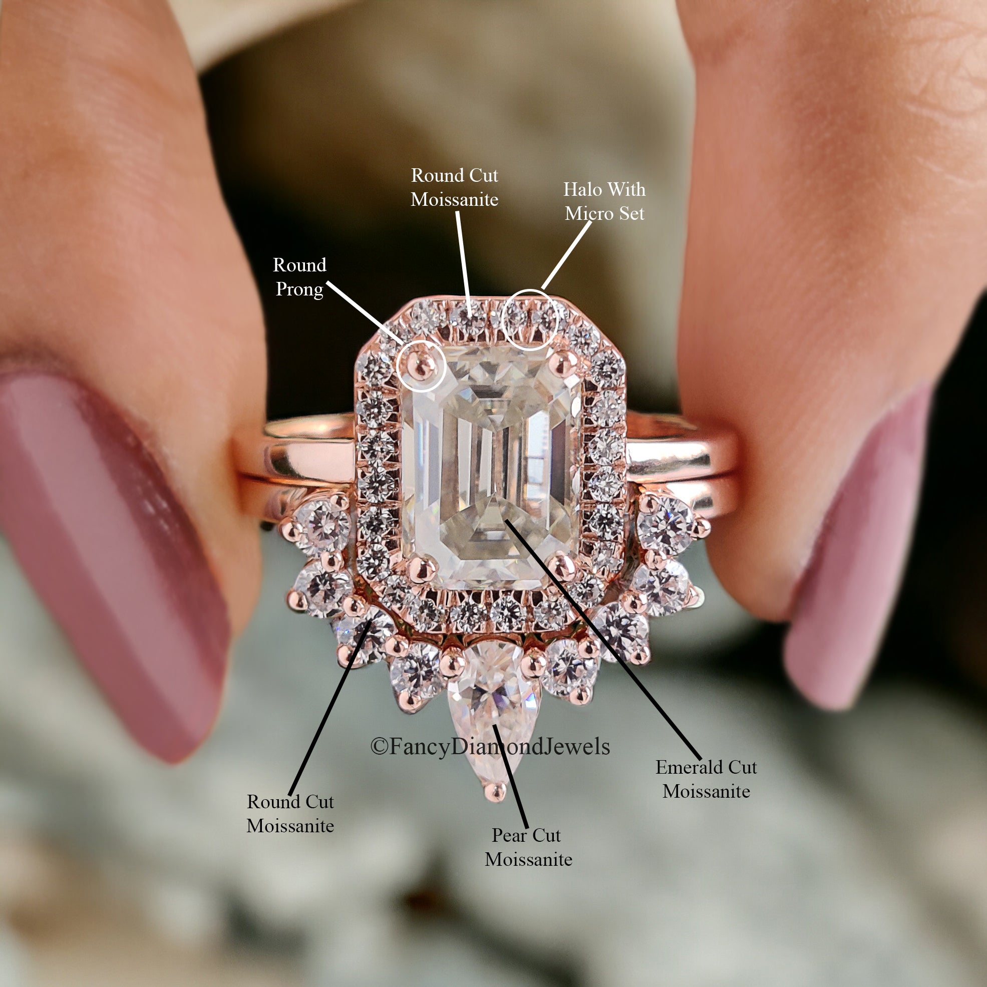 Vintage Moissanite Engagement Ring Set 1.85 CT Moissanite Ring Emerald Ring Rose Gold Ring Unique Stacking Ring Diamond Cluster Ring FD90