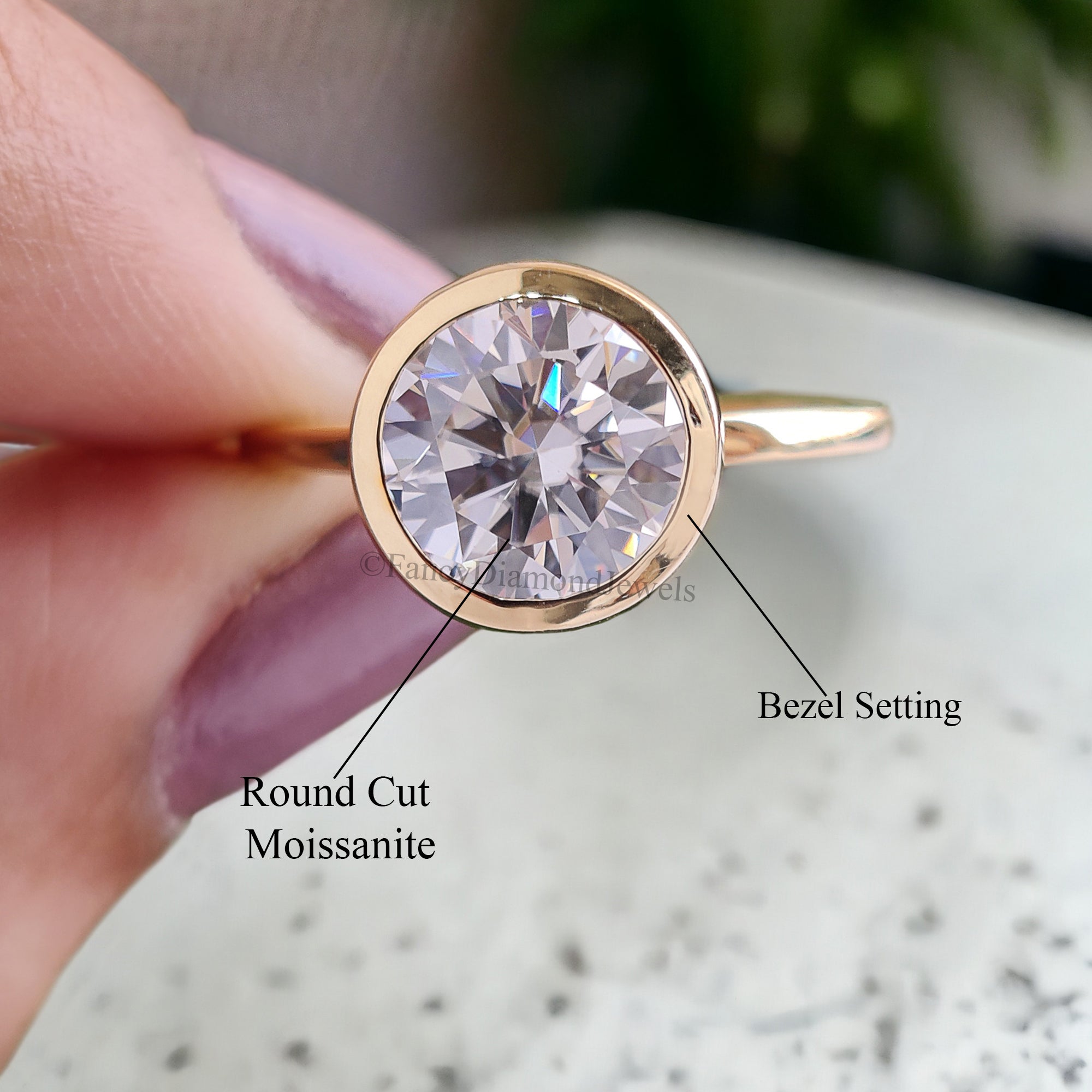 Unique 8 MM Round Heart and Arrows Cut Colorless Moissanite Bezel Set Ring Solitaire Engagement Ring Flat Comfort Fit Band Bridal Set FD113