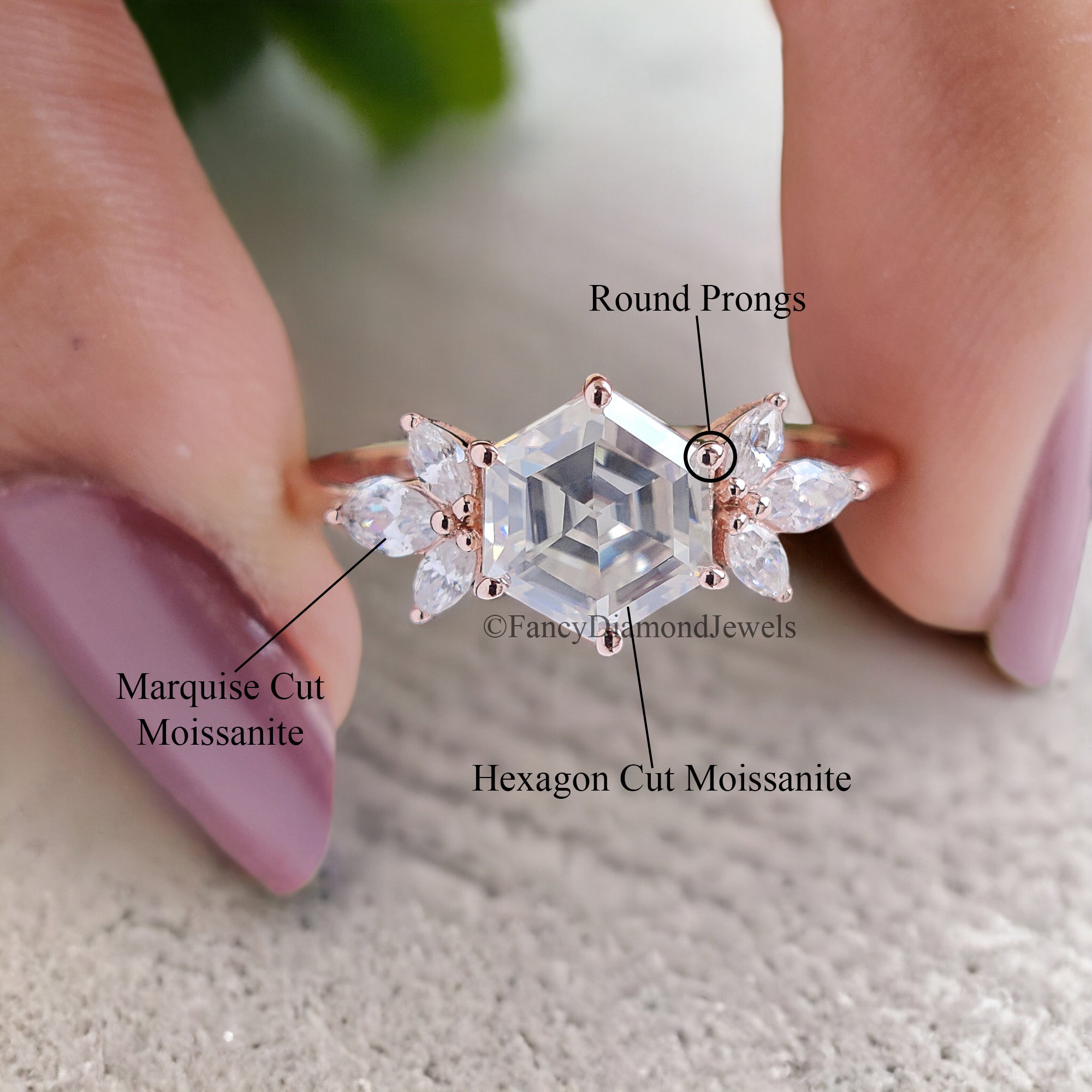 Hexagon cut Moissanite engagement ring Rose gold vintage Unique Marquise Diamond Cluster engagement ring delicate wedding Bridal ring FD104