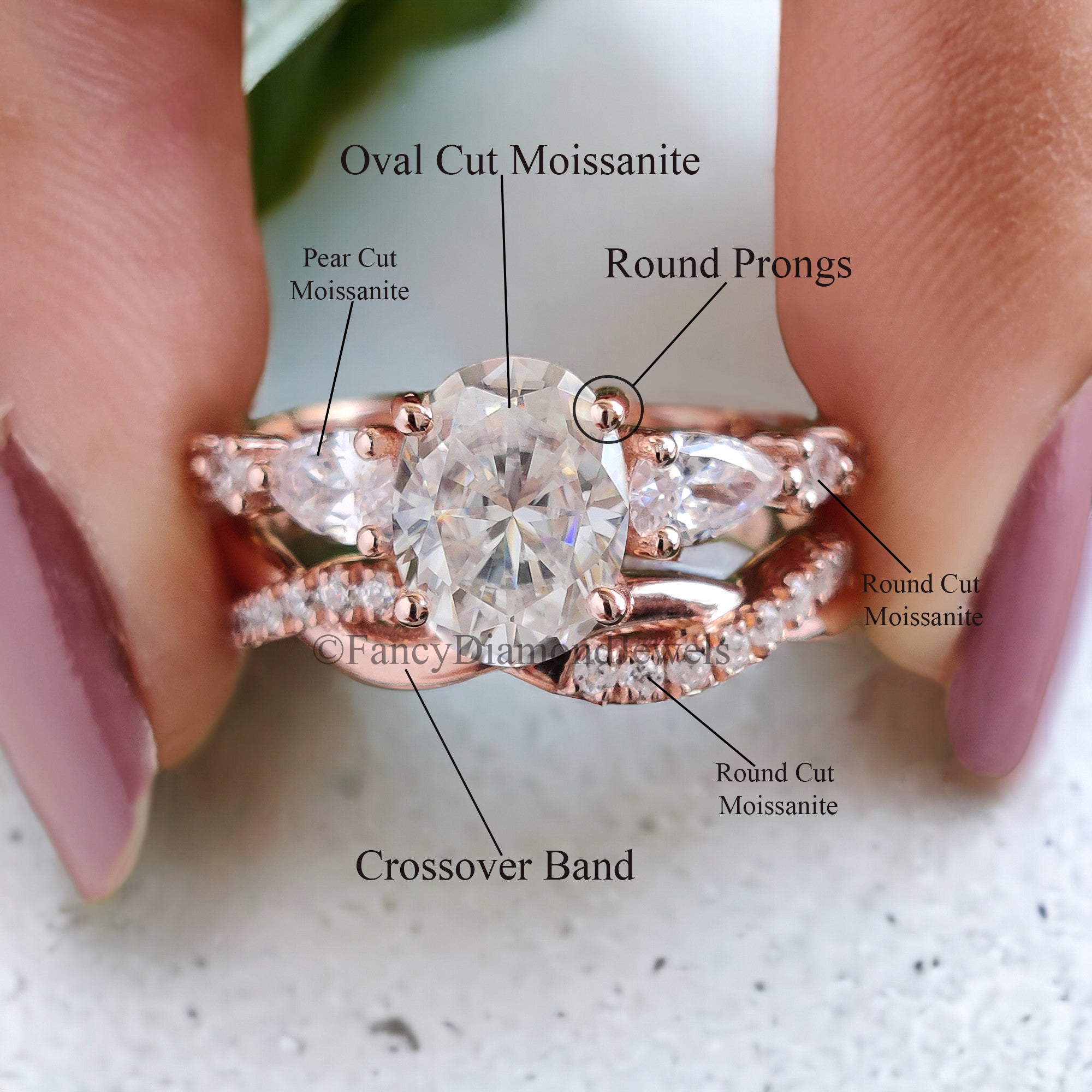 Oval cut Moissanite Engagement ring set Vintage Moissanite ring Rose Gold Curved Diamond ring Twisted band Bridal set Promise ring FD45