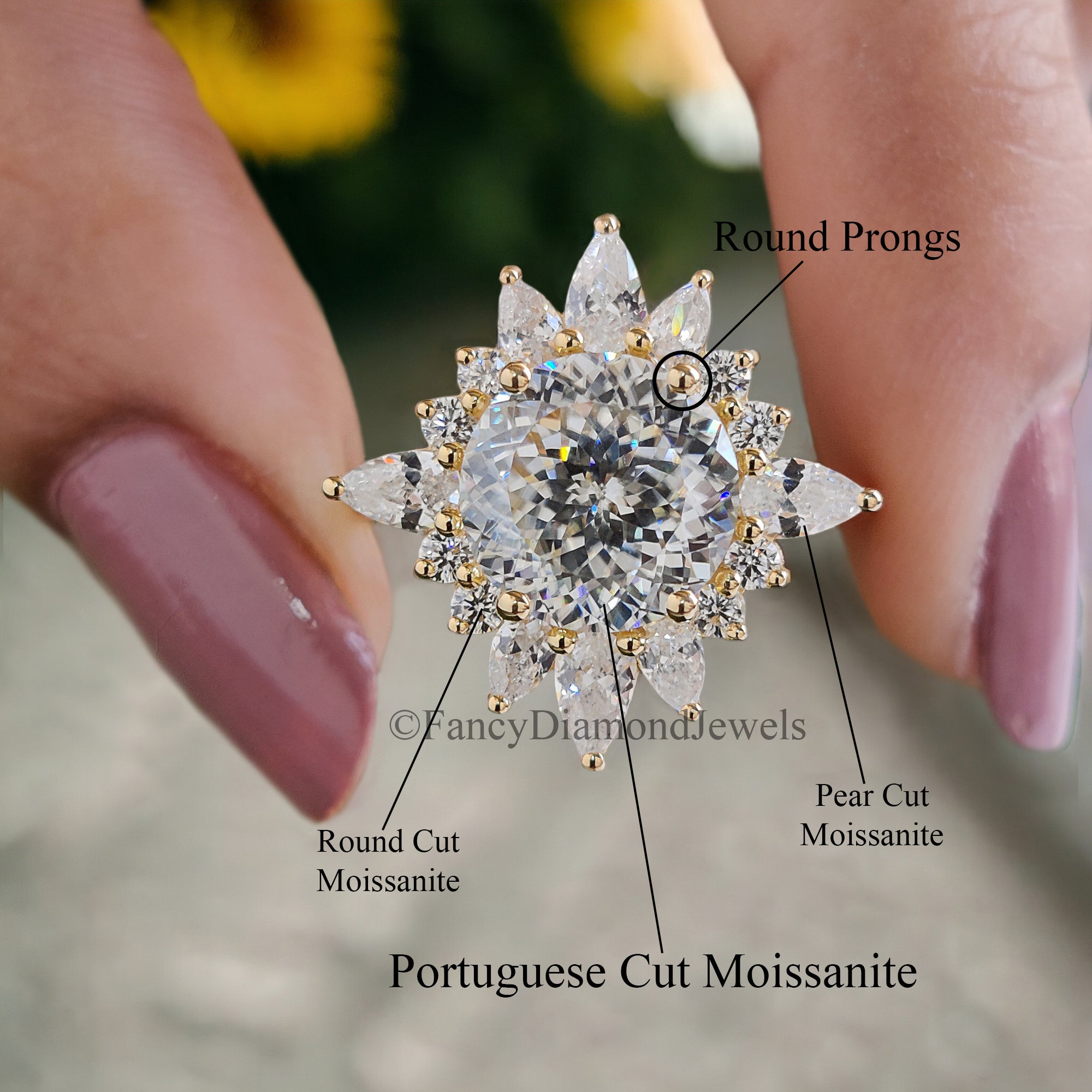 Vintage Engagement Ring 1920s Portuguese Cut Moissanite Yellow Gold Moissanite Aniversary Ring Handmade Jewelry by Fancy Diamond Jewels FD70