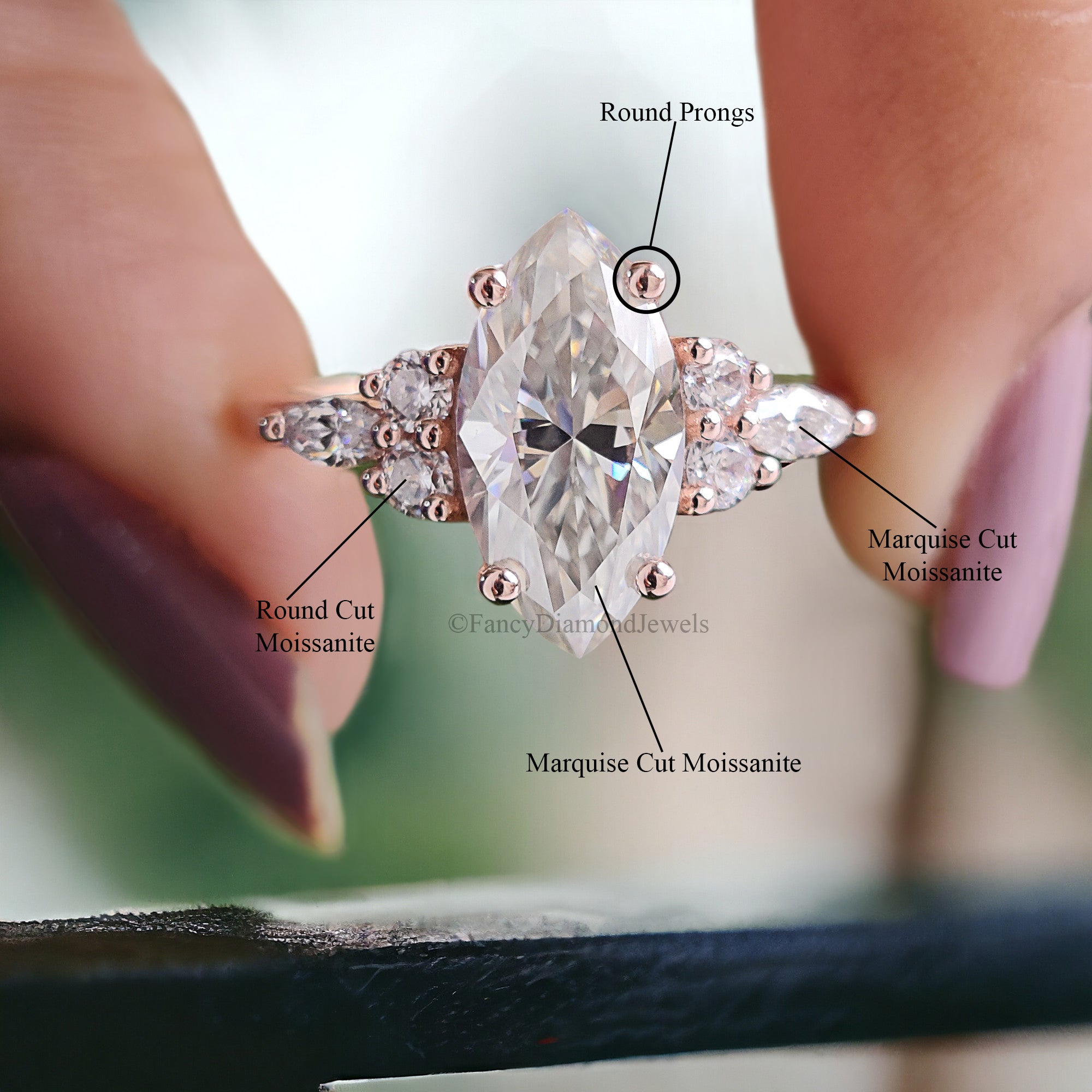 Marquise cut Moissanite engagement ring vintage Rose gold Unique Cluster engagement ring women diamond wedding Bridal Anniversary gift FD115