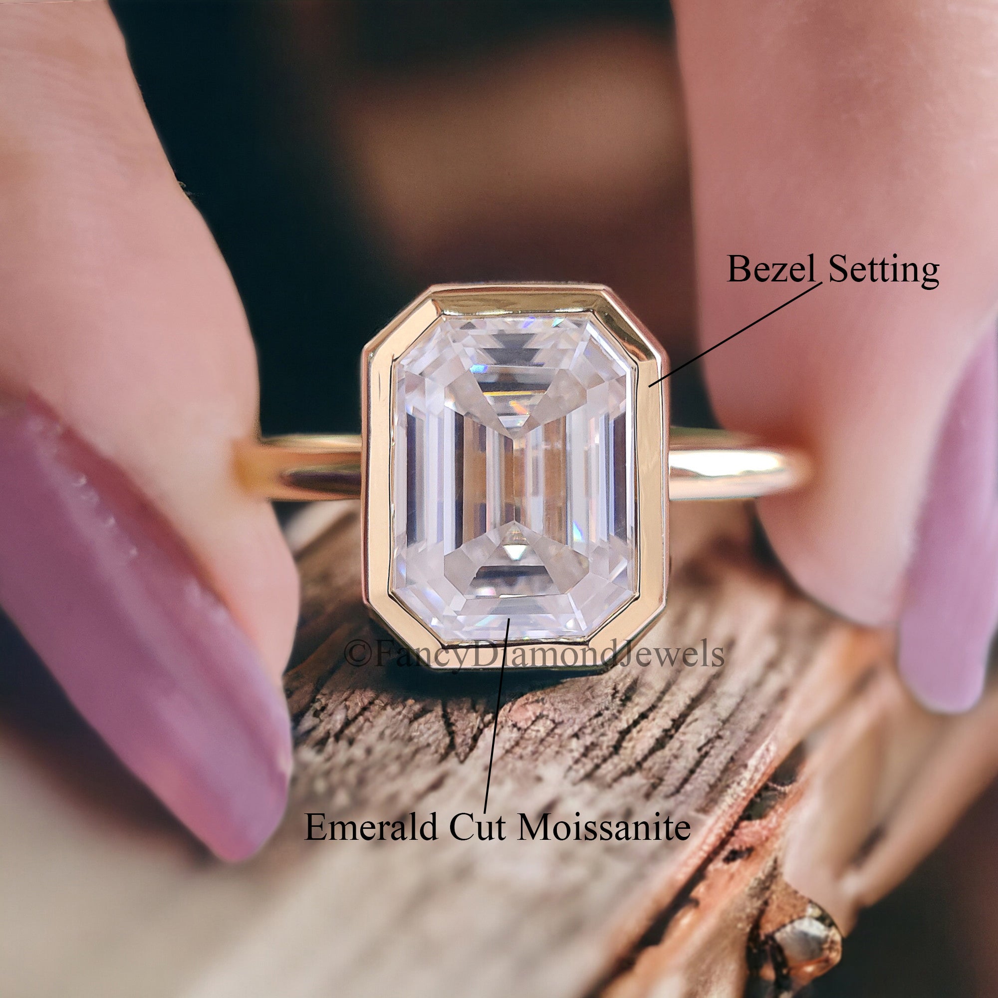 2.5 CT Emerald Cut Moissanite Solitaire Ring 14K Yellow Gold Engagement Ring Bezel Setting Statement Ring Gift For Her Anniversary Ring FD48