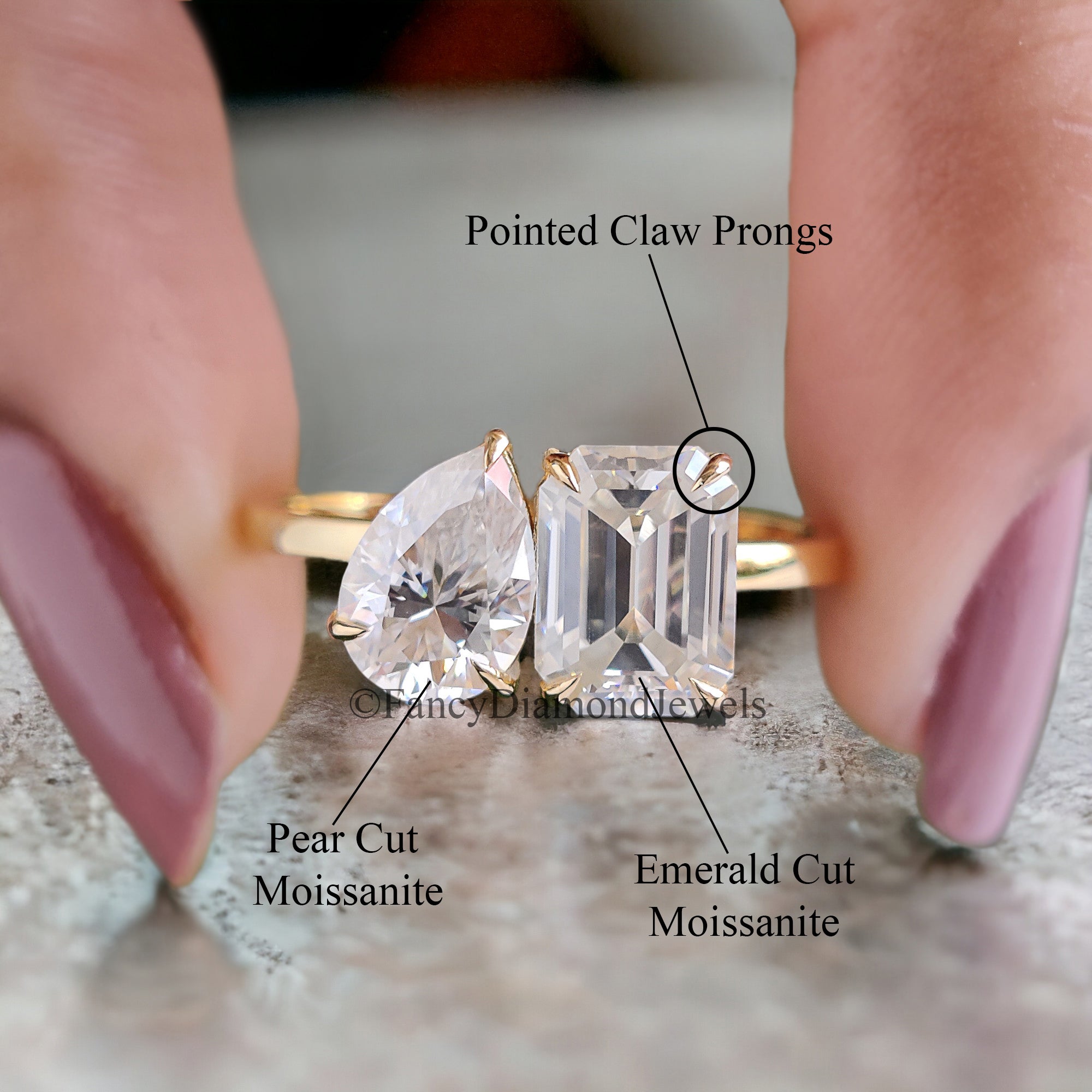 Pear And Emerald Cut Moissanite Engagement Ring 14K Solid Gold Colorless Moissanite Ring Toi Et Moi Ring Double Stone Wedding Ring FD68