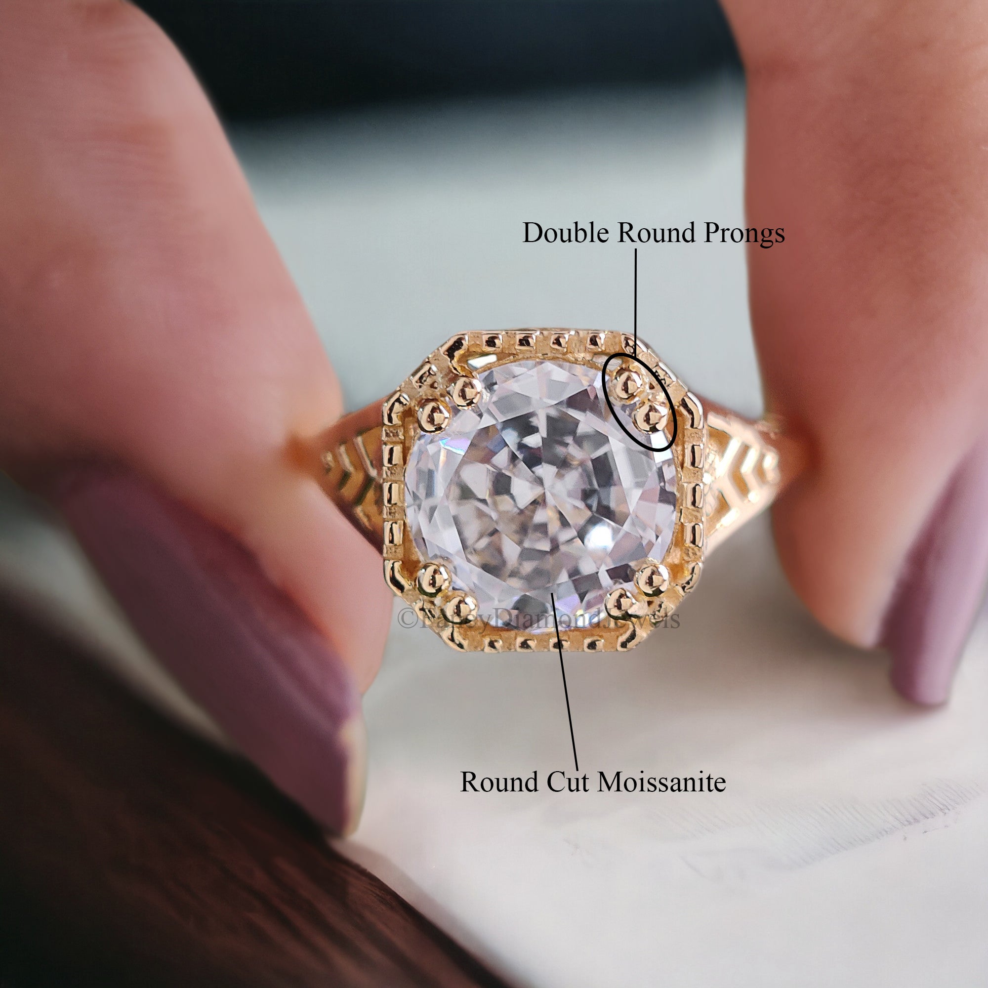 Art Deco Ring 1.80 CT Round Old European Cut Colorless Moissanite Ring OEC Ring Engagement Ring Wedding Ring Bridal Set 14KT Gold FD121