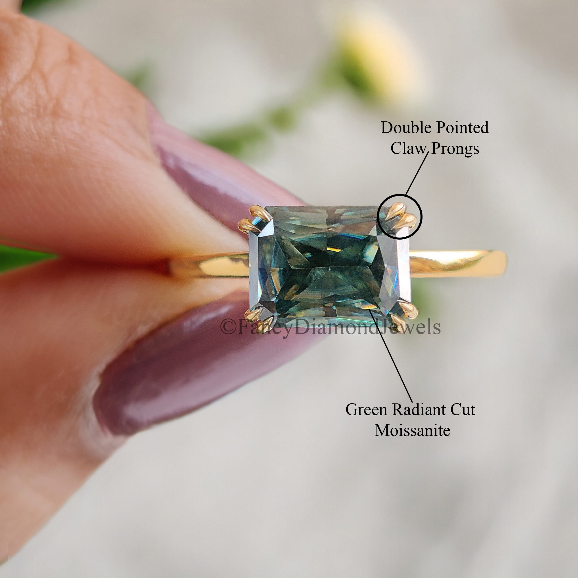 Amazing East to West Radiant Ring Double Claw Prong Ring 1.65 CT Green Radiant Moissanite Ring Solitaire Engagement Ring Wedding Ring FD65