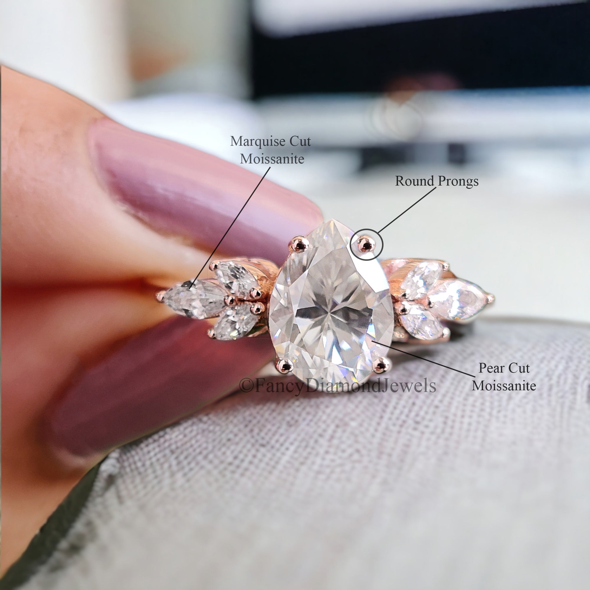 Pear shaped Moissanite Engagement ring 1.80 CTW Vintage Unique Solid Gold Marquise Diamond wedding ring Bridal Promise gift for woman FD34