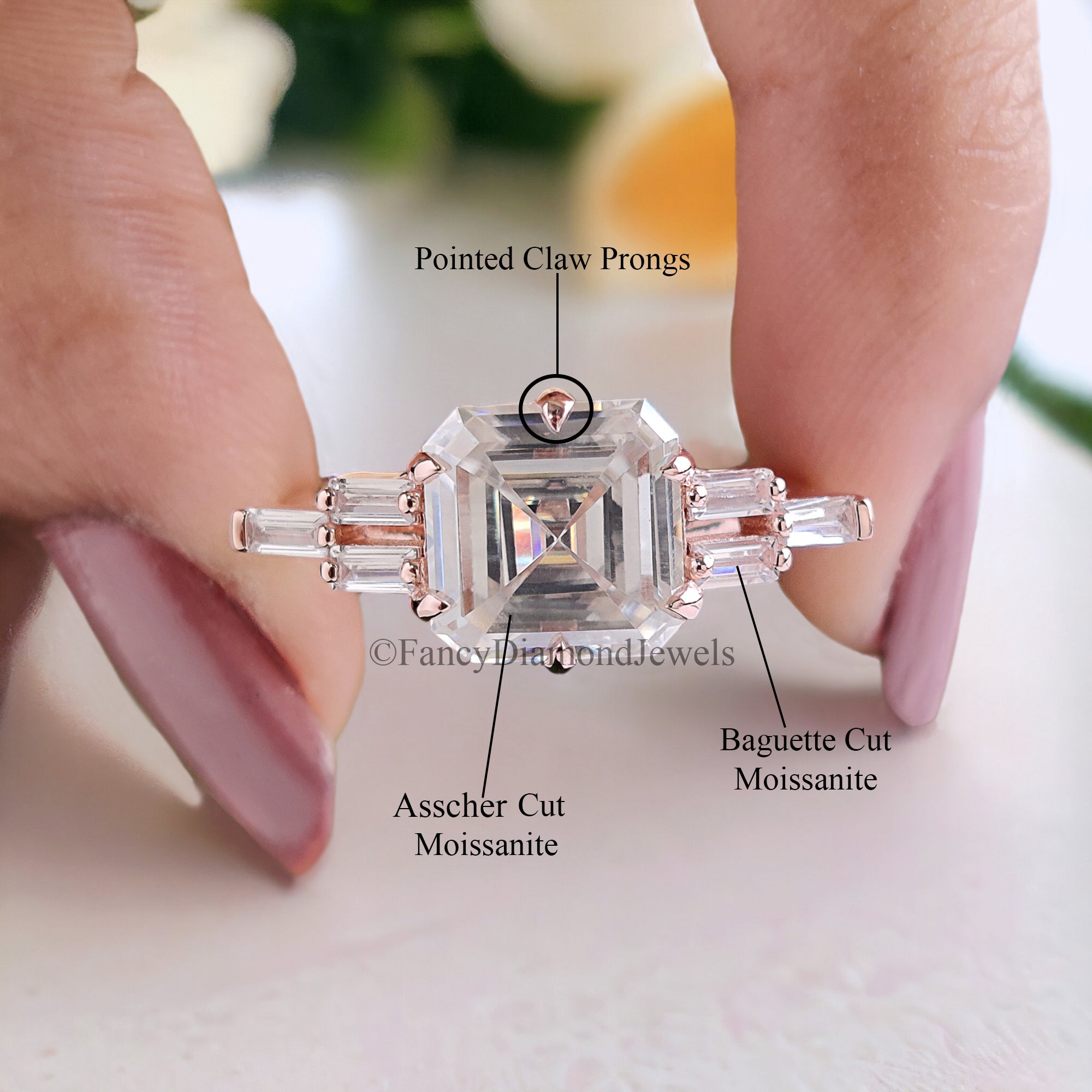Perfect Anniversary Gift 2.50 CT Asscher Cut Colorless Moissanite Engagement Ring Side baguette Moissanite Wedding Ring Bridal Set Ring FD85