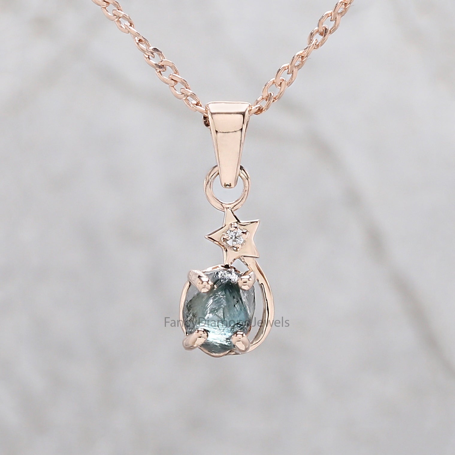 Rough Blue Color Diamond Pendant 1.01 Ct 5.81 MM Rough Diamond Pendant 14K Solid Rose Gold Silver Engagement Pendant Gift For Her QL2323