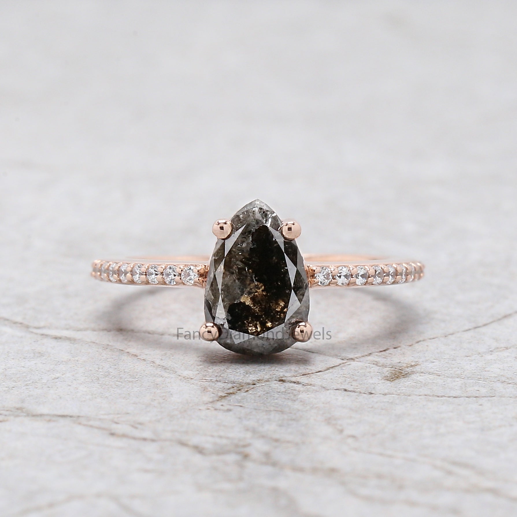 Pear Cut Salt And Pepper Diamond Ring 1.95 Ct 9.70 MM Pear Diamond Ring 14K Solid Rose Gold Silver Pear Engagement Ring Gift For Her QN7666
