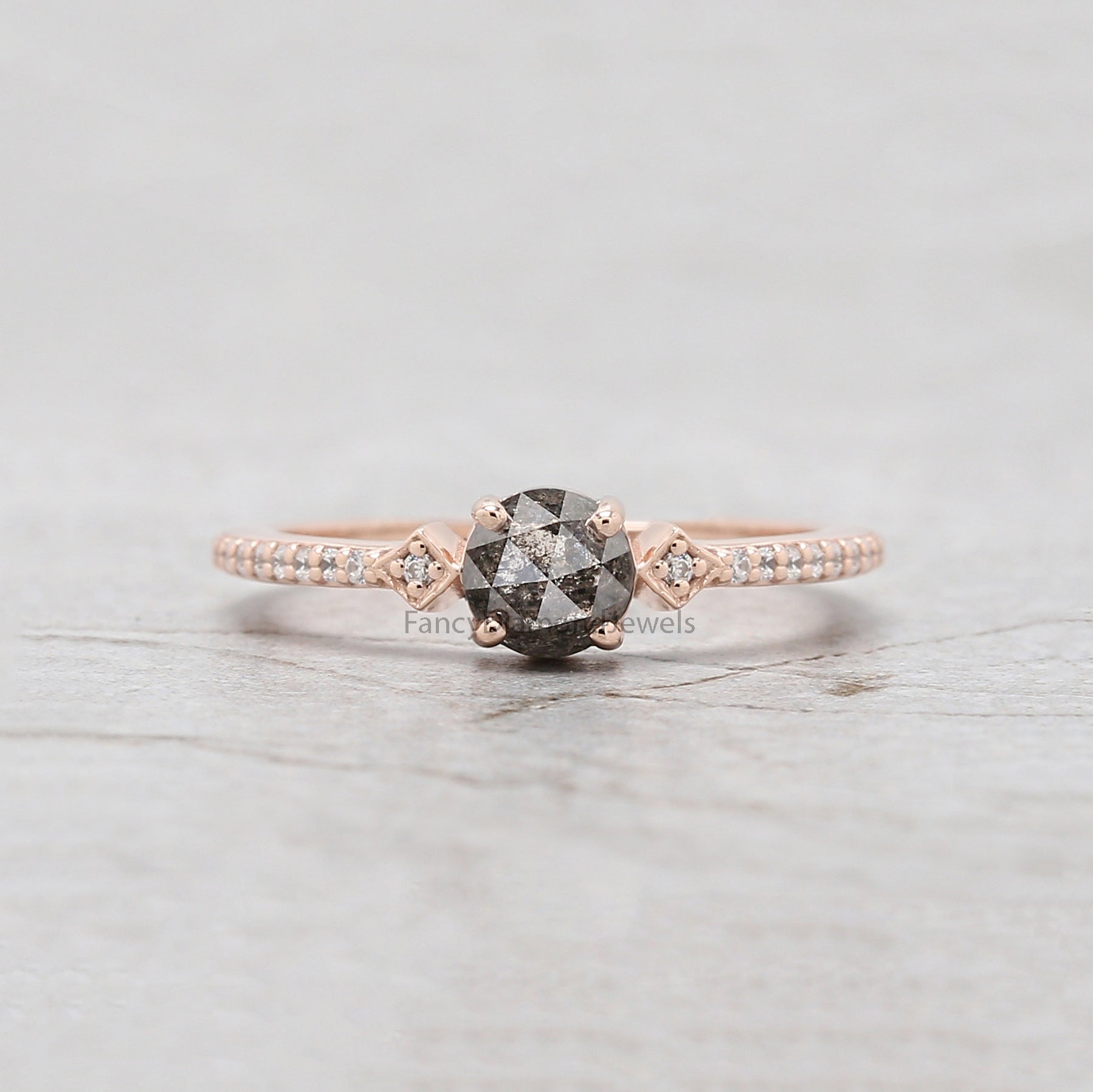 Round Rose Cut Salt And Pepper Diamond Ring 0.62 Ct 5.00 MM Round Diamond Ring 14K Rose Gold Silver Engagement Ring Gift For Her QN7450
