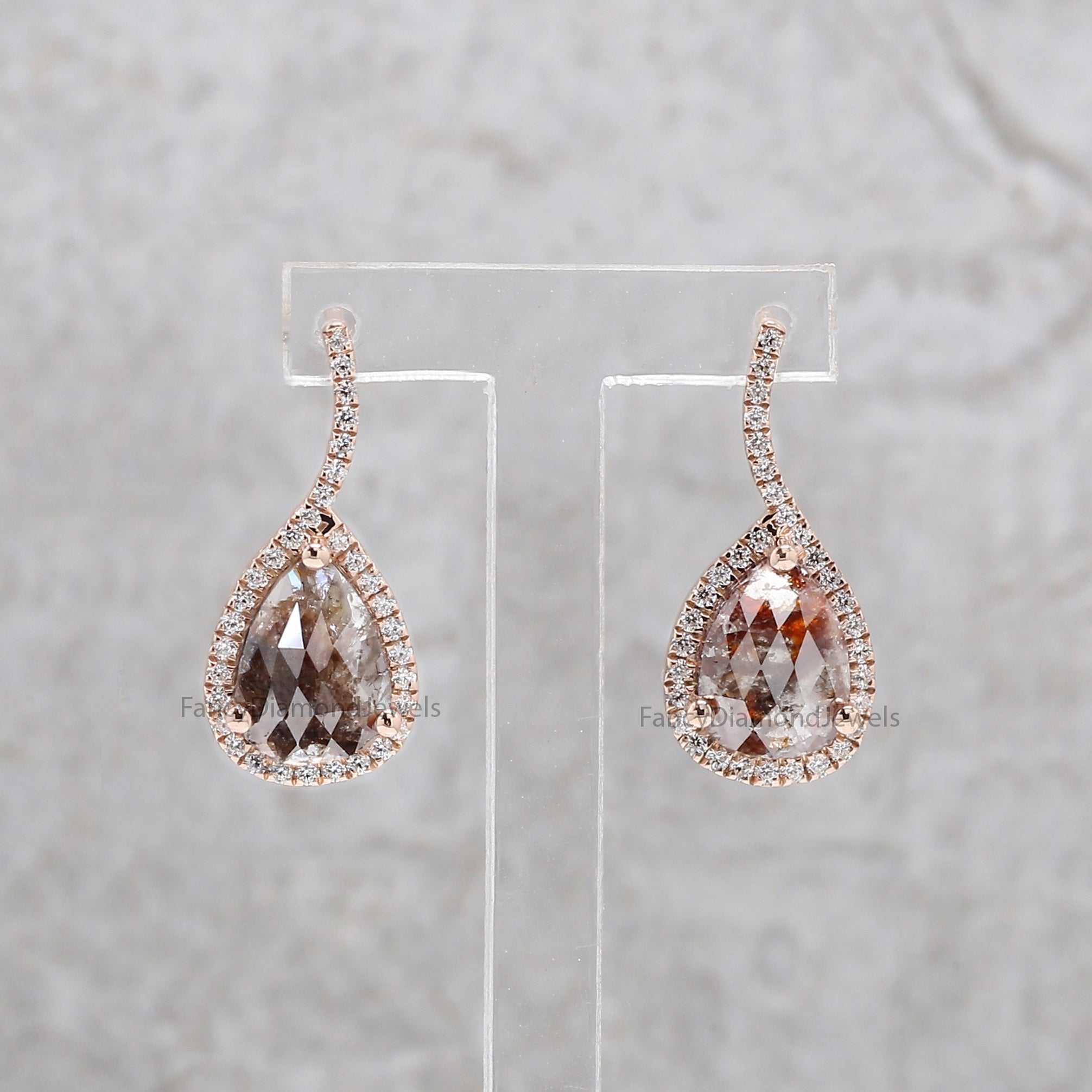 Pear Diamond Earring, Brown Color Pear Shape Earring, Halo Earring, Pear Engagement Earring, Earlobe Earrings, Stud Earrings KDN8217