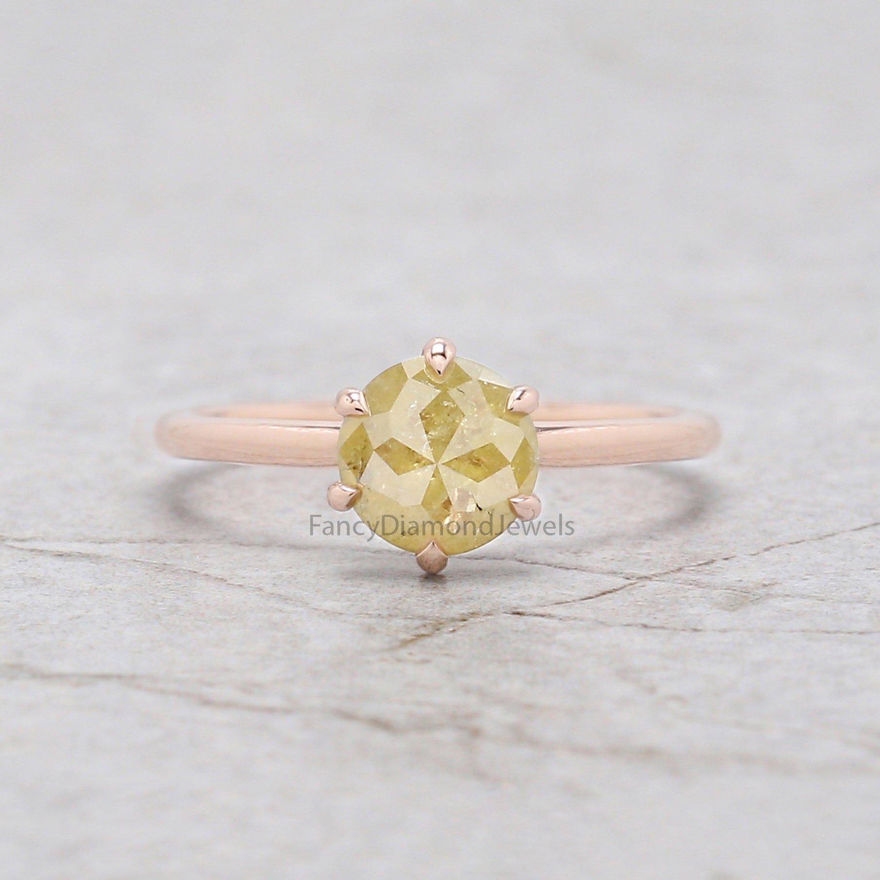 Round Rose Cut Yellow Color Diamond Ring 1.07 Ct 6.41 MM Round Shape Diamond Ring 14K Rose Gold Silver Engagement Ring Gift For Her QK2496