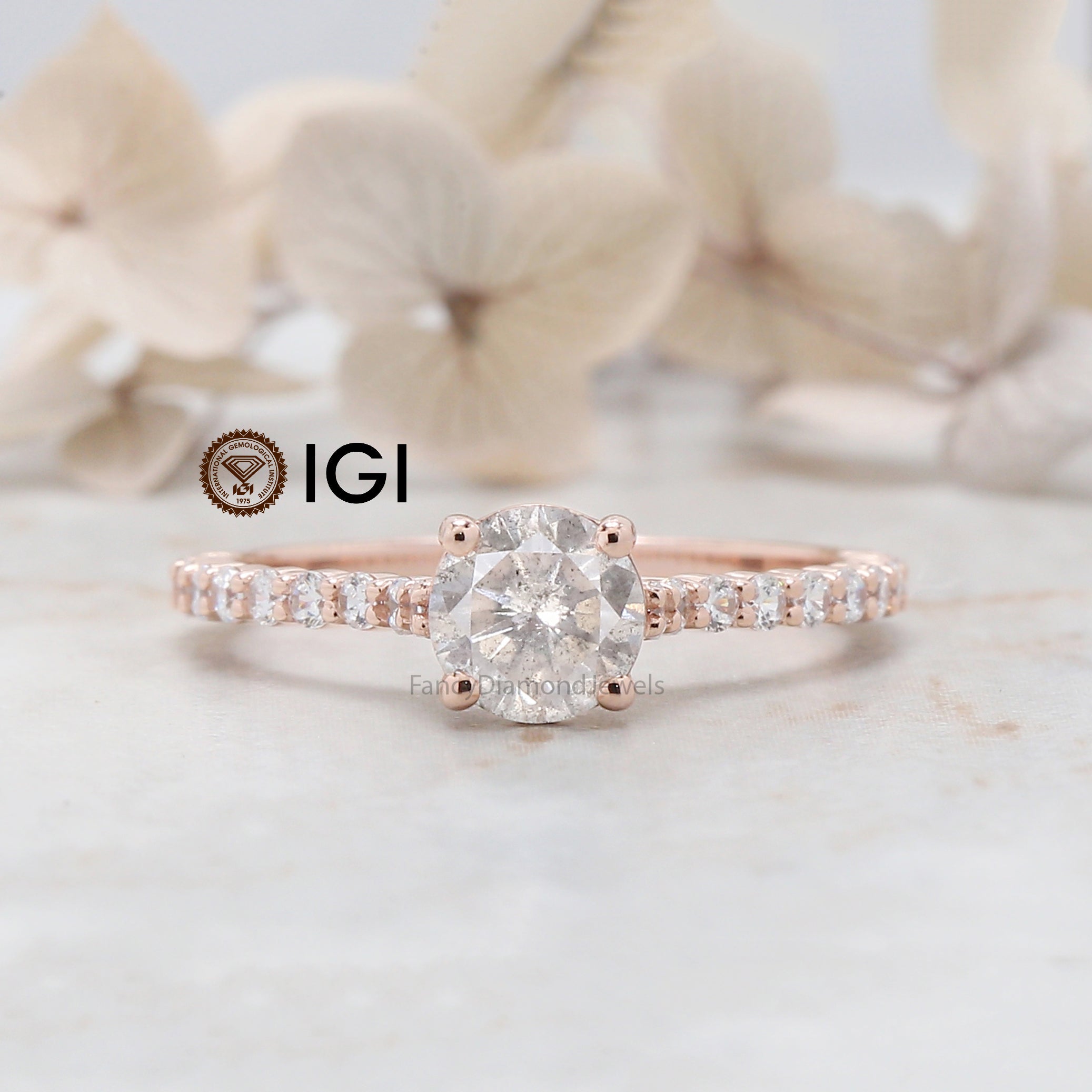 IGI Certified Round Salt And Pepper Diamond Ring 0.73 Ct 5.70 MM Round Diamond Ring 14K Solid Rose Gold Silver Engagement Ring Gift For Her QL2144