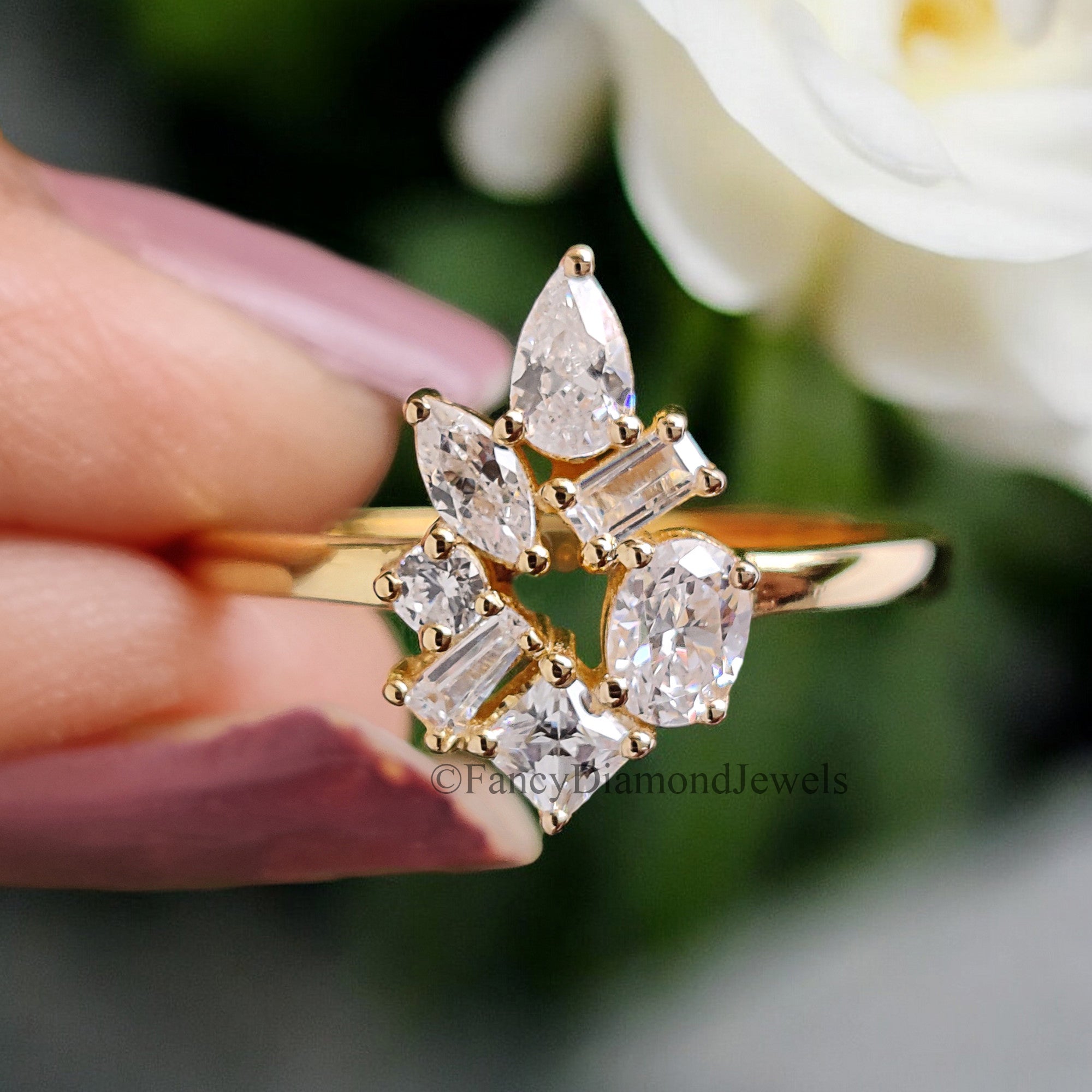 Mix Shape Moissanite Bridal Ring Multi Diamond Ring Engagement Ring Mixed Size Stones Wedding Ring 14K Solid Gold Anniversary Ring FD255