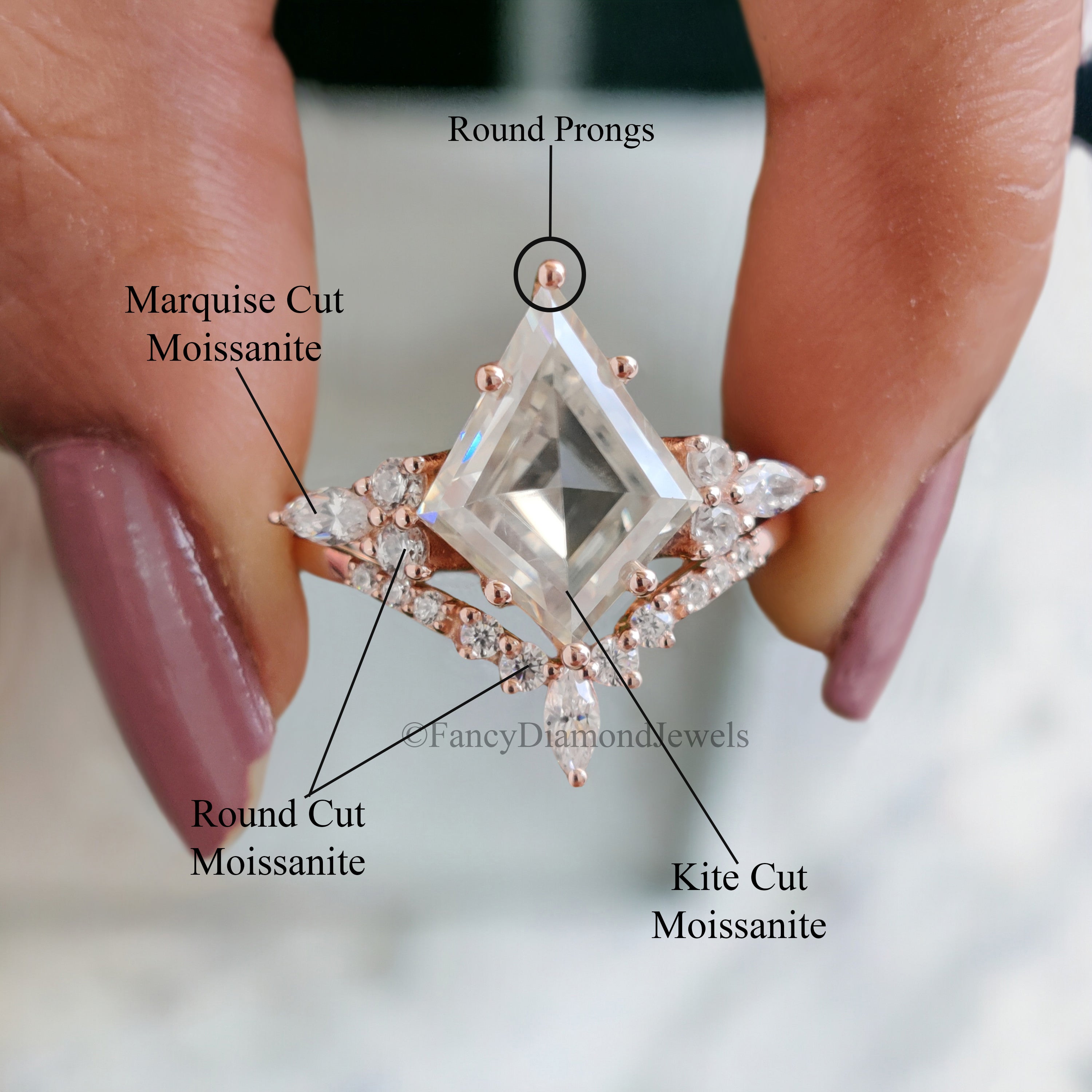 Vintage kite cut Moissanite engagement ring set 14k rose gold marquise cut moissanite ring for women unique bridal wedding ring set FD185