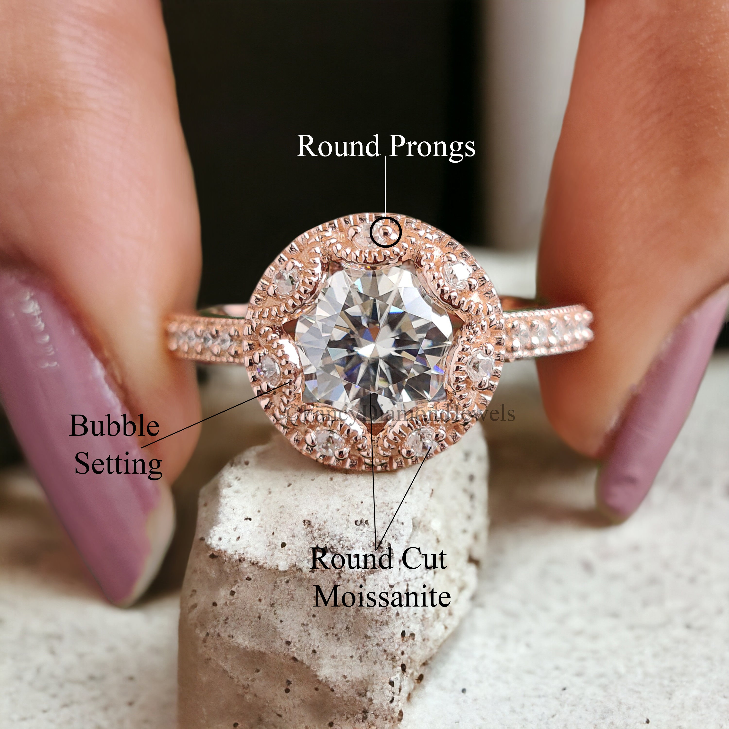 Round Cut Moissanite Engagement Ring Halo Milgrain Engagement Ring Handmade Jewelry Rose Gold Wedding Ring Surprise Gifts for Her FD166