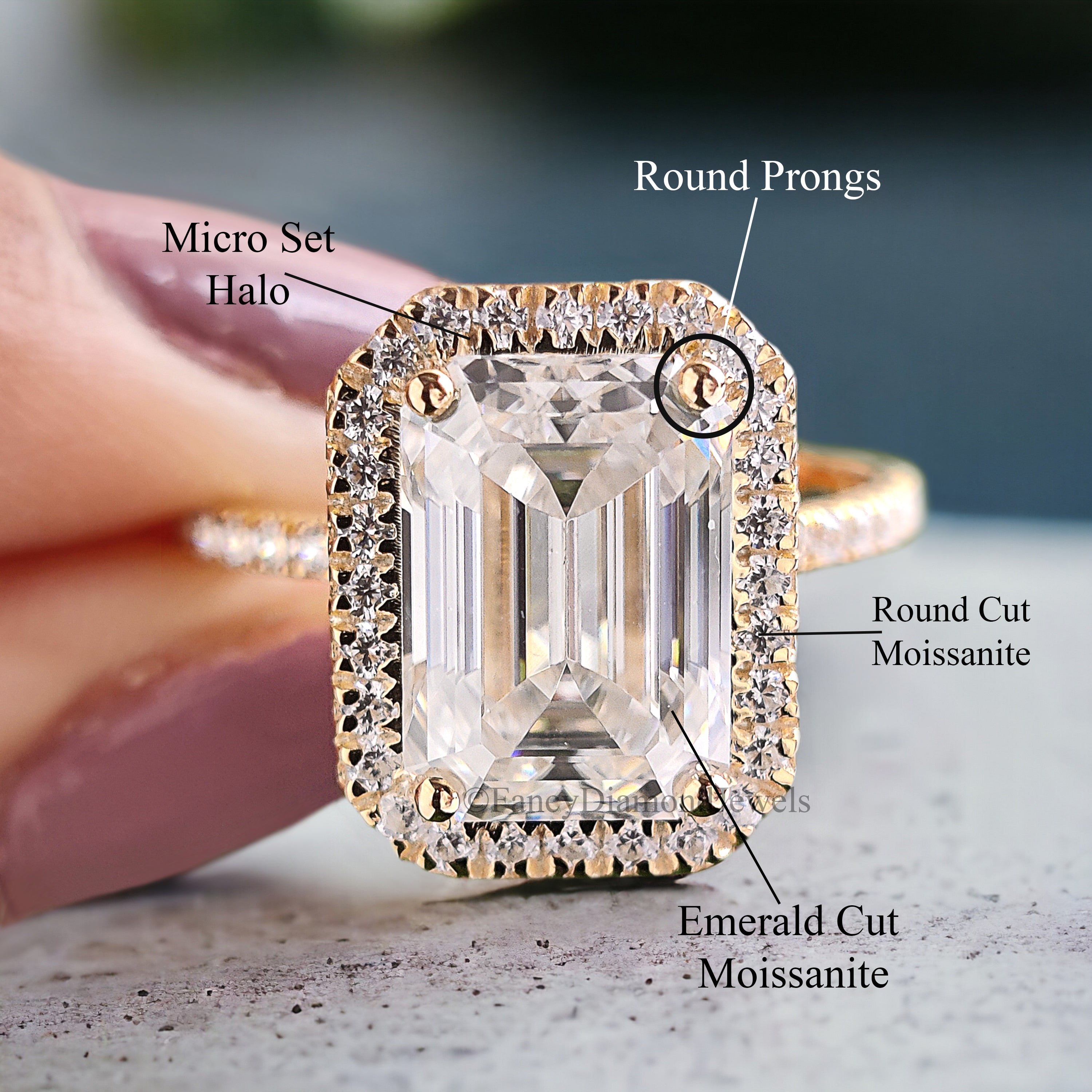 Emerald Cut Colorless Moissanite Engagement Ring 3.00 Ct Solid 14k Yellow Gold Ring Bridal Wedding Ring Halo Set Ring Gift For Her FD212