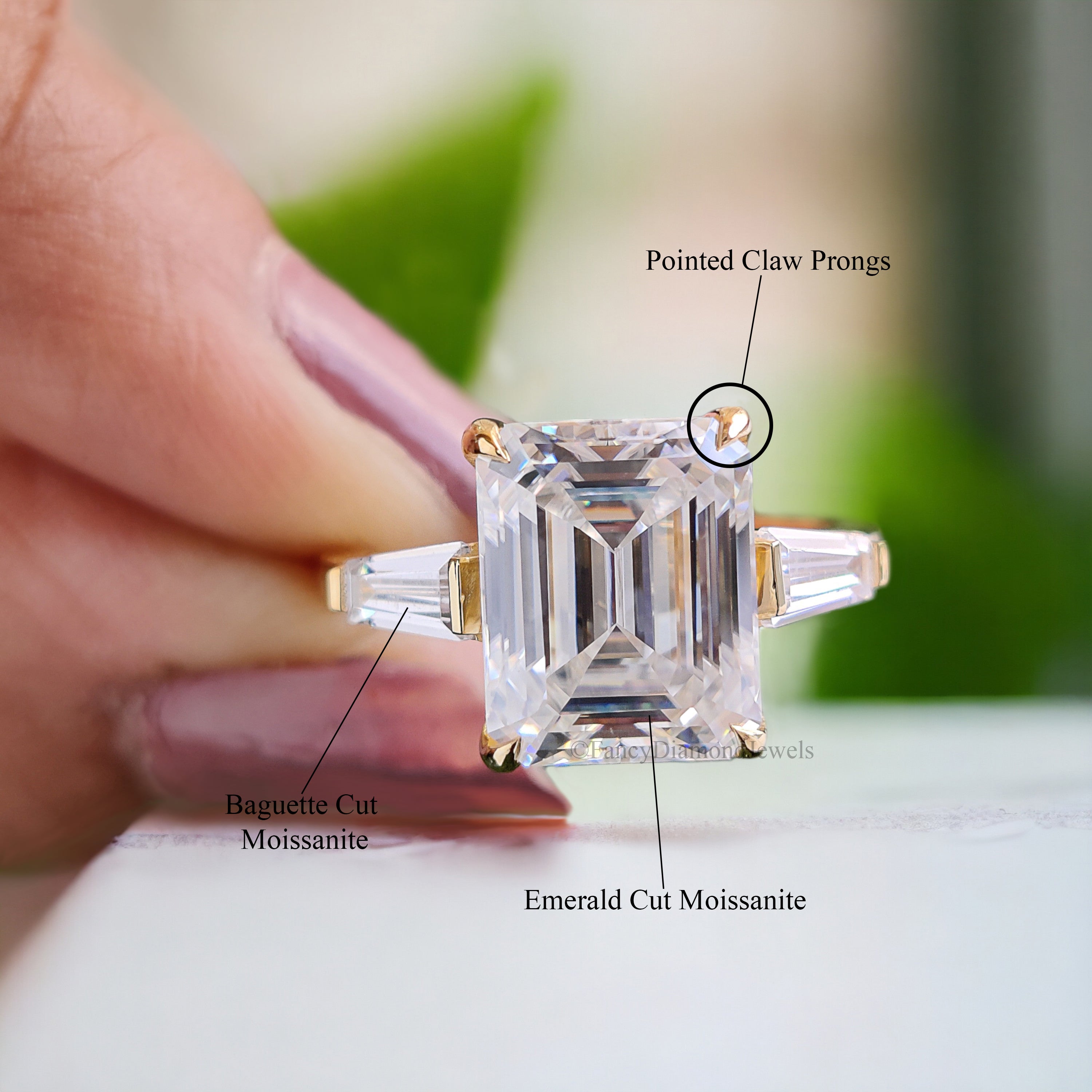 3.45 CT Emerald Cut Colorless Moissanite Ring Three Stone Engagement Ring Side Tapered Baguette Moissanite Claw Prong Anniversary Gift FD137
