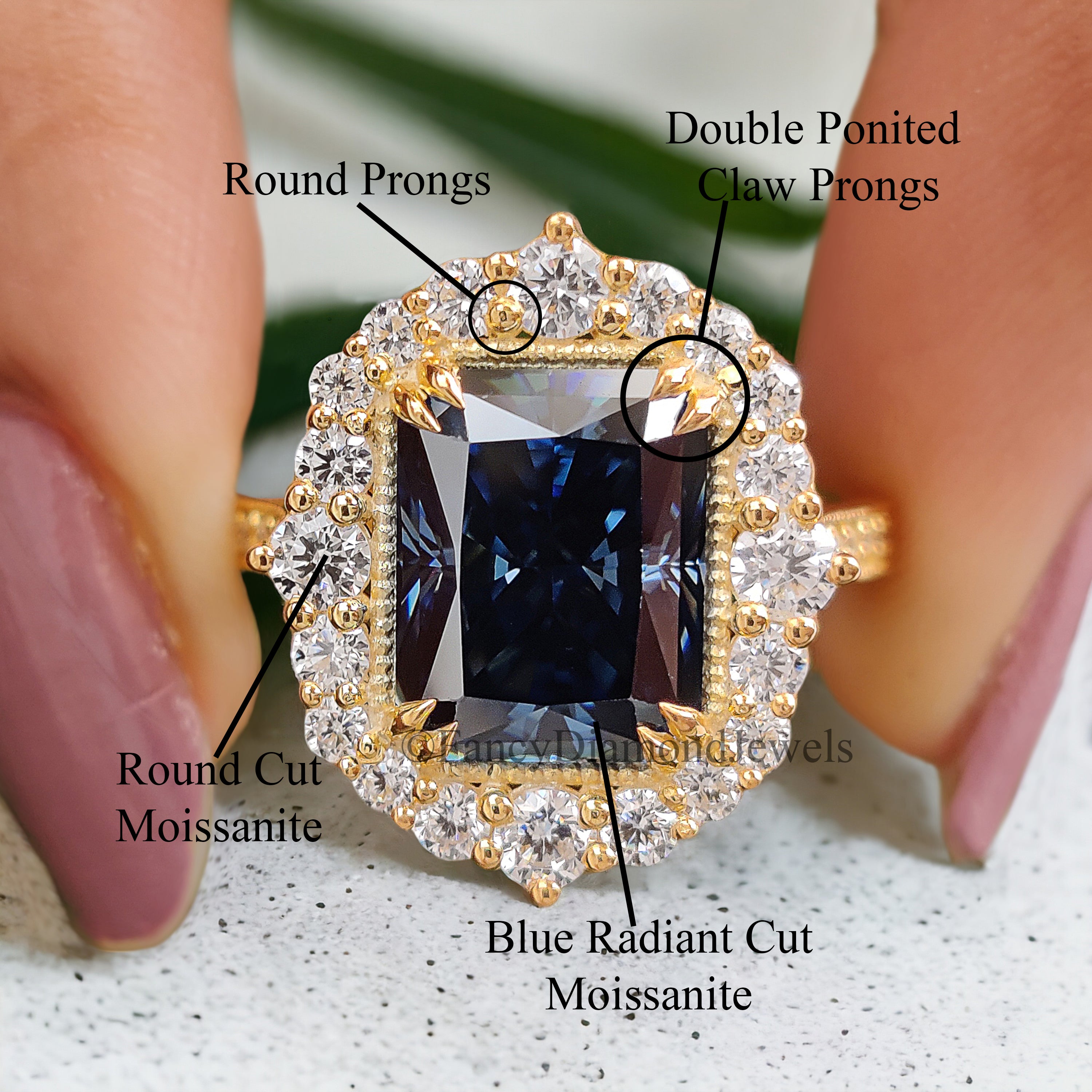 Antique Vintage Ring 3.00 CT Radiant Cut Royal Blue Moissanite Halo Engagement Ring Wedding Ring Double Claw Prongs Anniversary Gift FD224