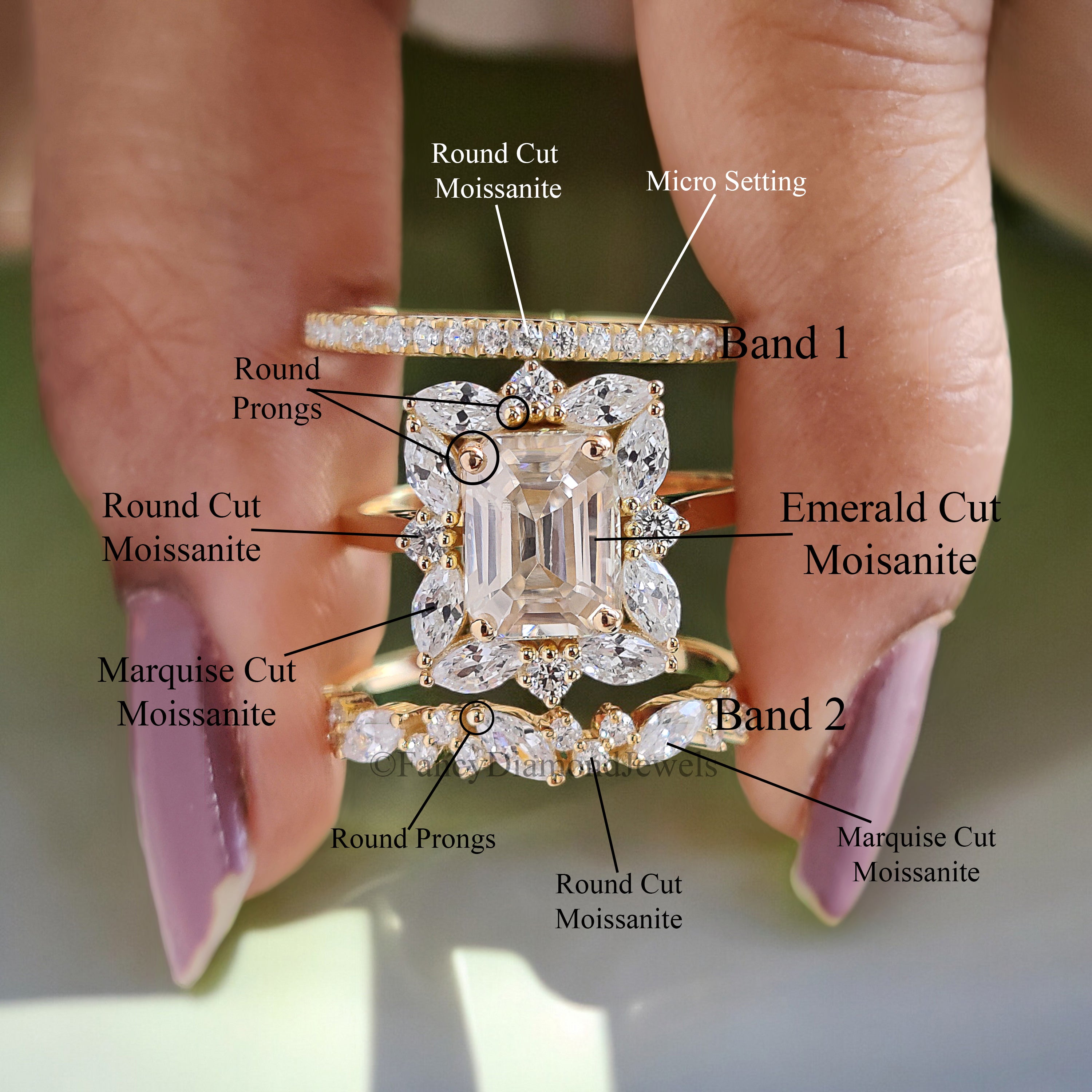 3Pcs Emerald cut Moissanite engagement ring set yellow gold Unique Art deco Cluster Wedding ring vintage Bridal Anniversary ring set FD187