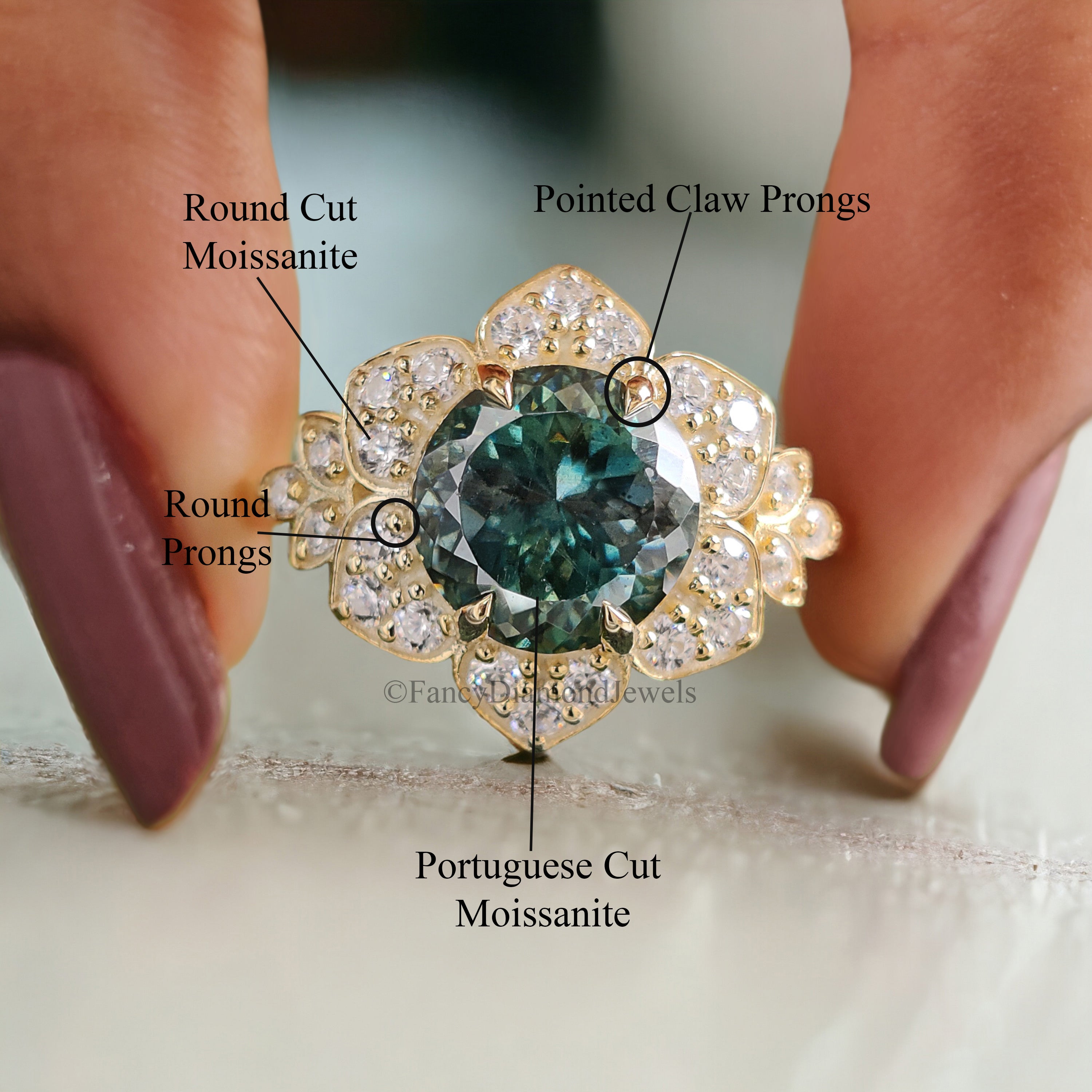 Portuguese Round Cut 8 mm Blue Moissanite Engagement Ring Yellow Gold Vintage Ring Anniversary Ring Gift Blue Moissanite Wedding Ring FD184