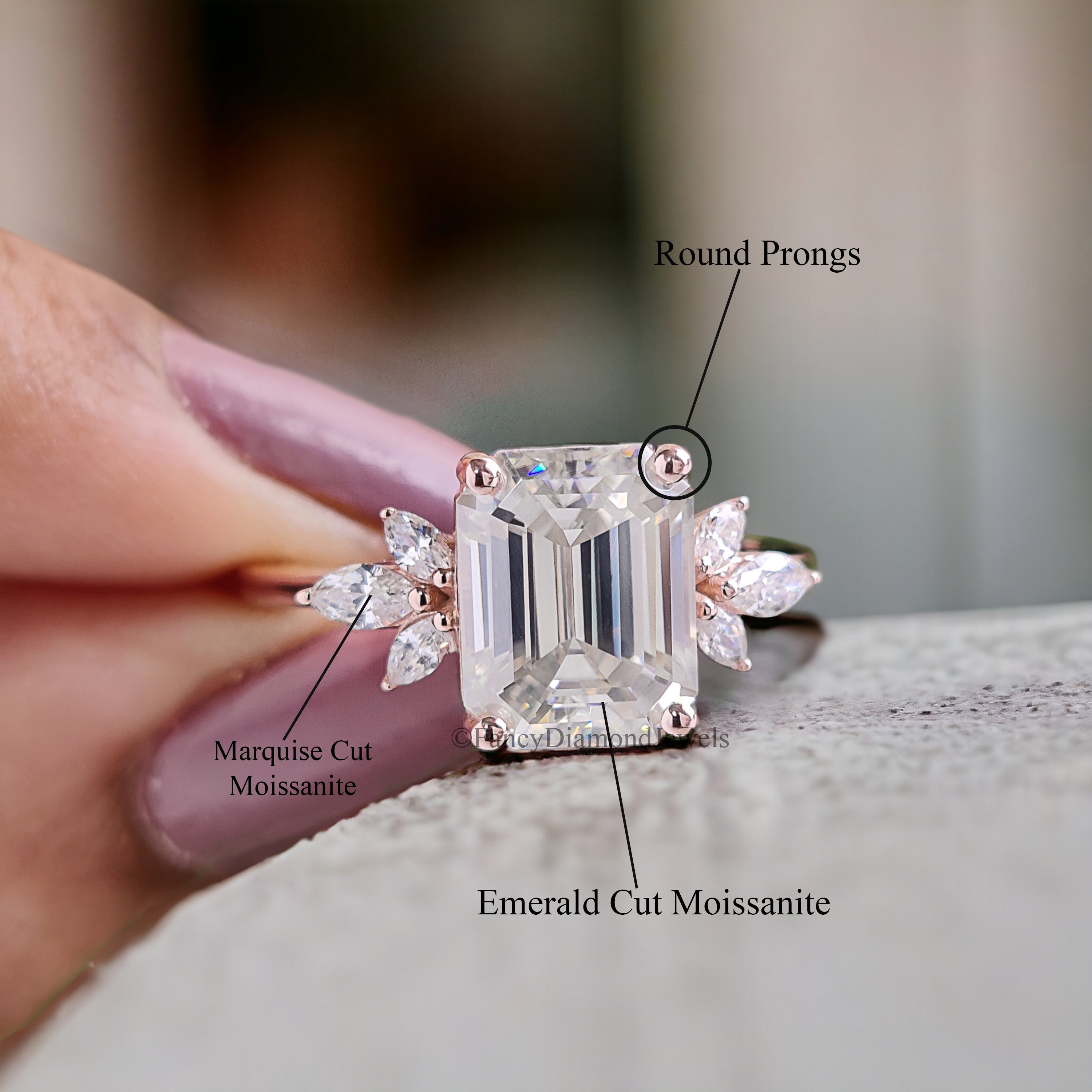 Emerald cut Moissanite engagement ring vintage Unique rose gold Marquise cut diamond Cluster engagement ring women wedding Bridal gift FD176