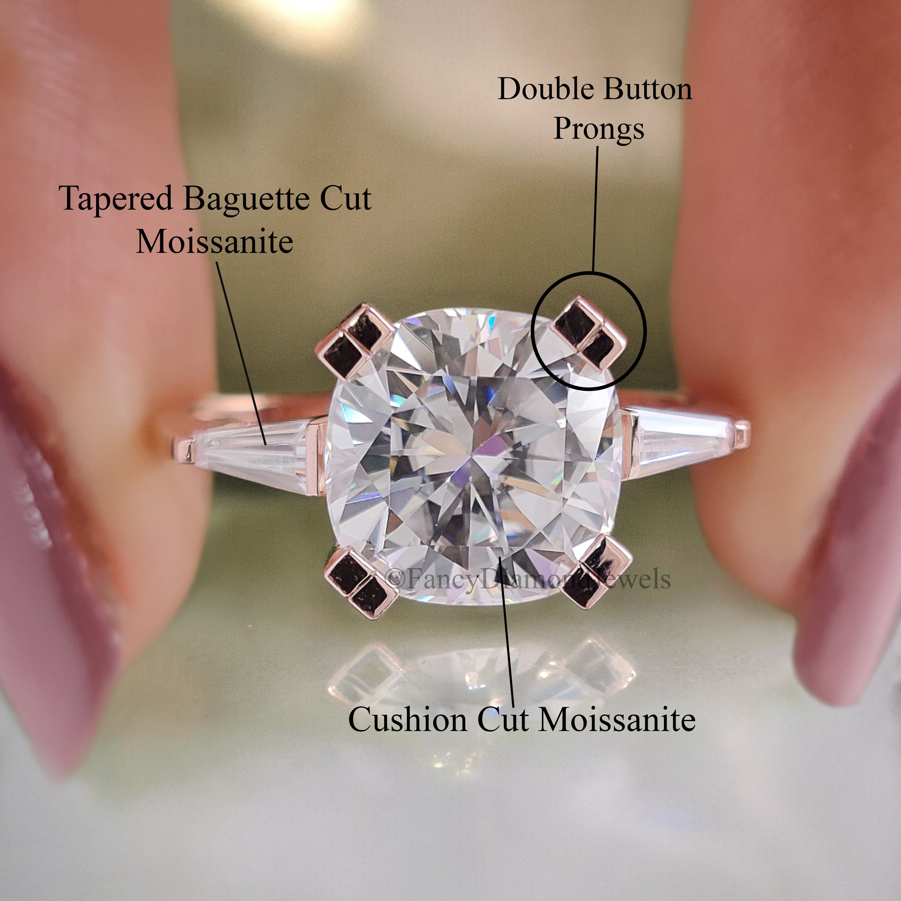 2.30 TW Cushion Cut Colorless Moissanite Ring Side Baguette Three Stone Engagement Ring Wedding Ring Gift For Her Celebrity Style Ring FD202