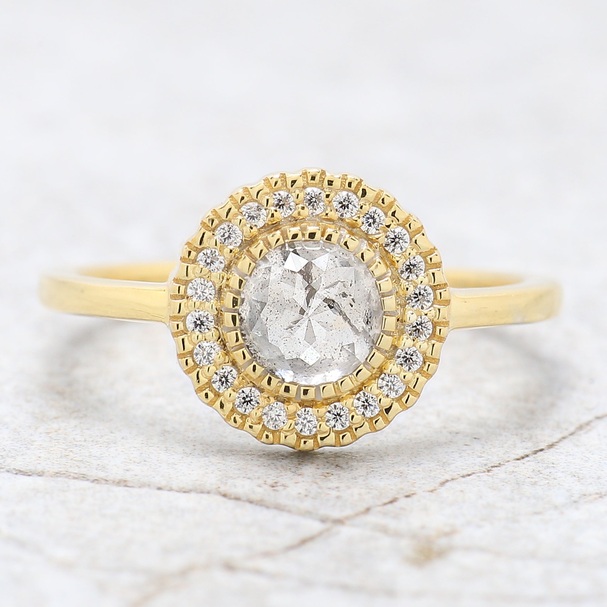 Round Rose Cut Salt And Pepper Diamond Ring 0.82 Ct 5.30 MM Round Diamond Ring 14K Yellow Gold Silver Engagement Ring Gift For Her QN9705