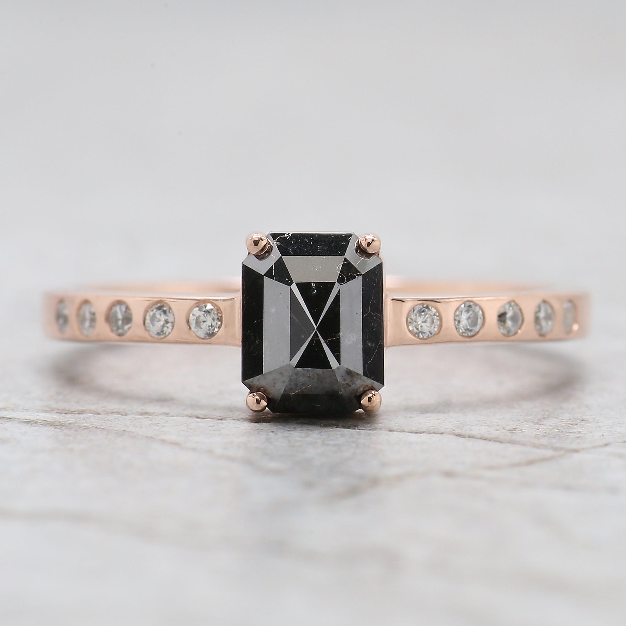 Emerald Cut Black Color Diamond Ring 1.07 Ct 6.26 MM Emerald Diamond Ring 14K Solid Rose Gold Silver Engagement Ring Gift For Her QL2217