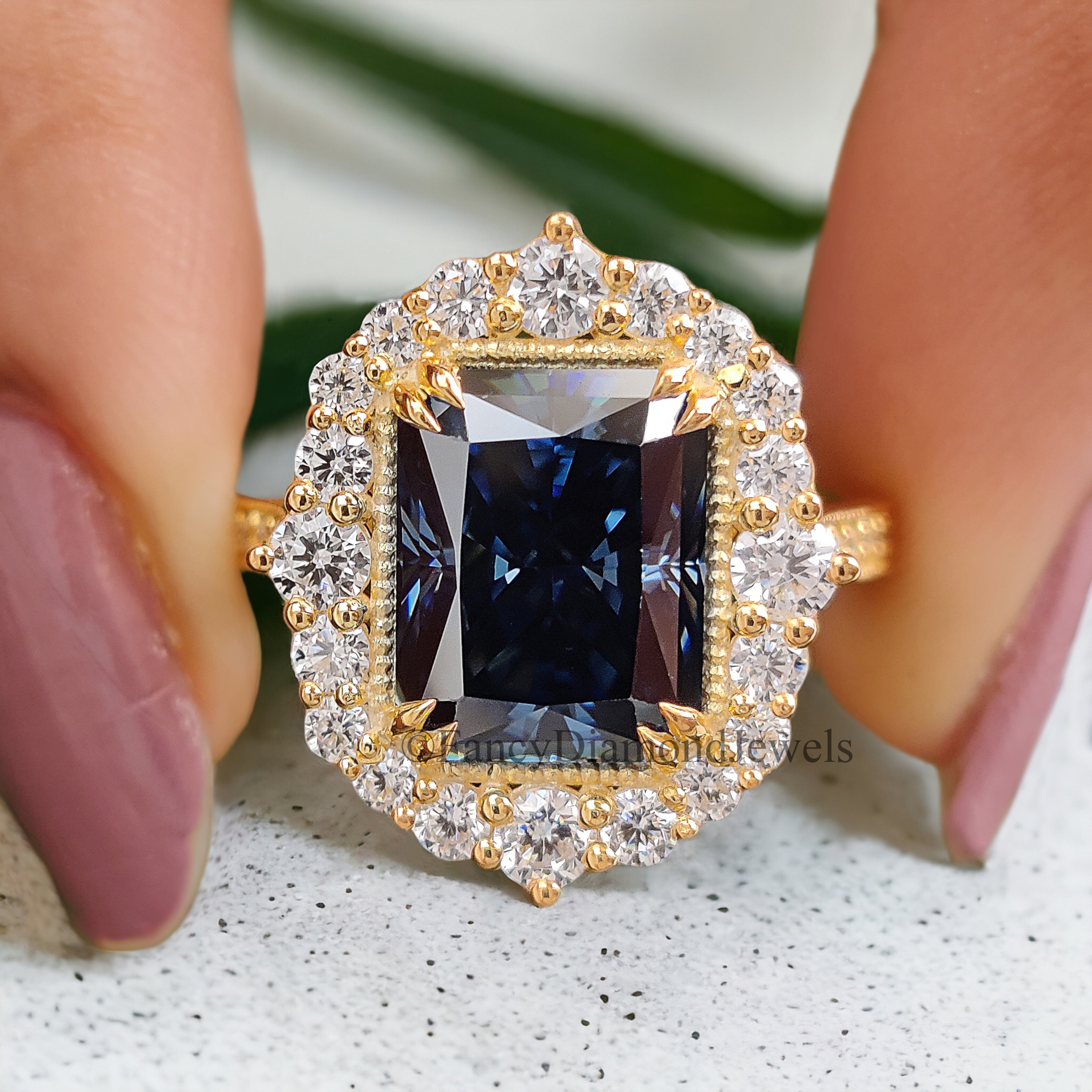 Antique Vintage Ring 3.00 CT Radiant Cut Royal Blue Moissanite Halo Engagement Ring Wedding Ring Double Claw Prongs Anniversary Gift FD224