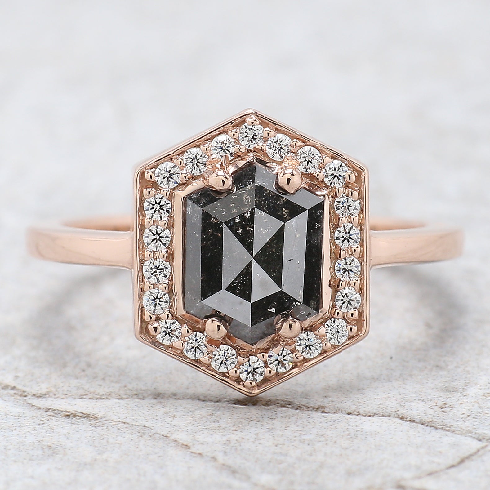 Hexagon Cut Salt And Pepper Diamond Ring 1.55 Ct 8.00 MM Hexagon Diamond Ring 14K Solid Rose Gold Silver Engagement Ring Gift For Her QL734